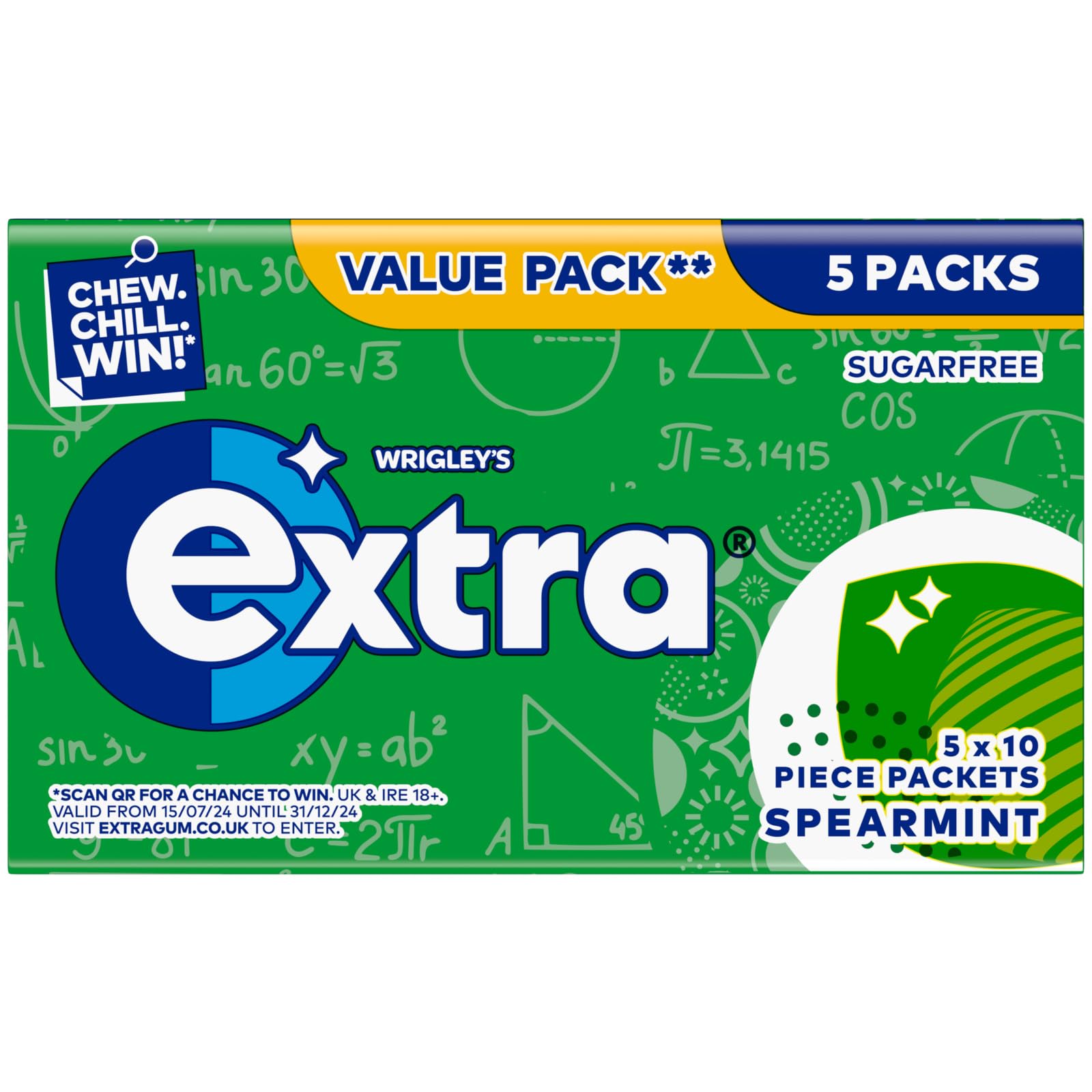 WRIGLEY'S EXTRA Spearmint Chewing Gum - Sugar-Free, 5 x 10 Pieces (50 Count)