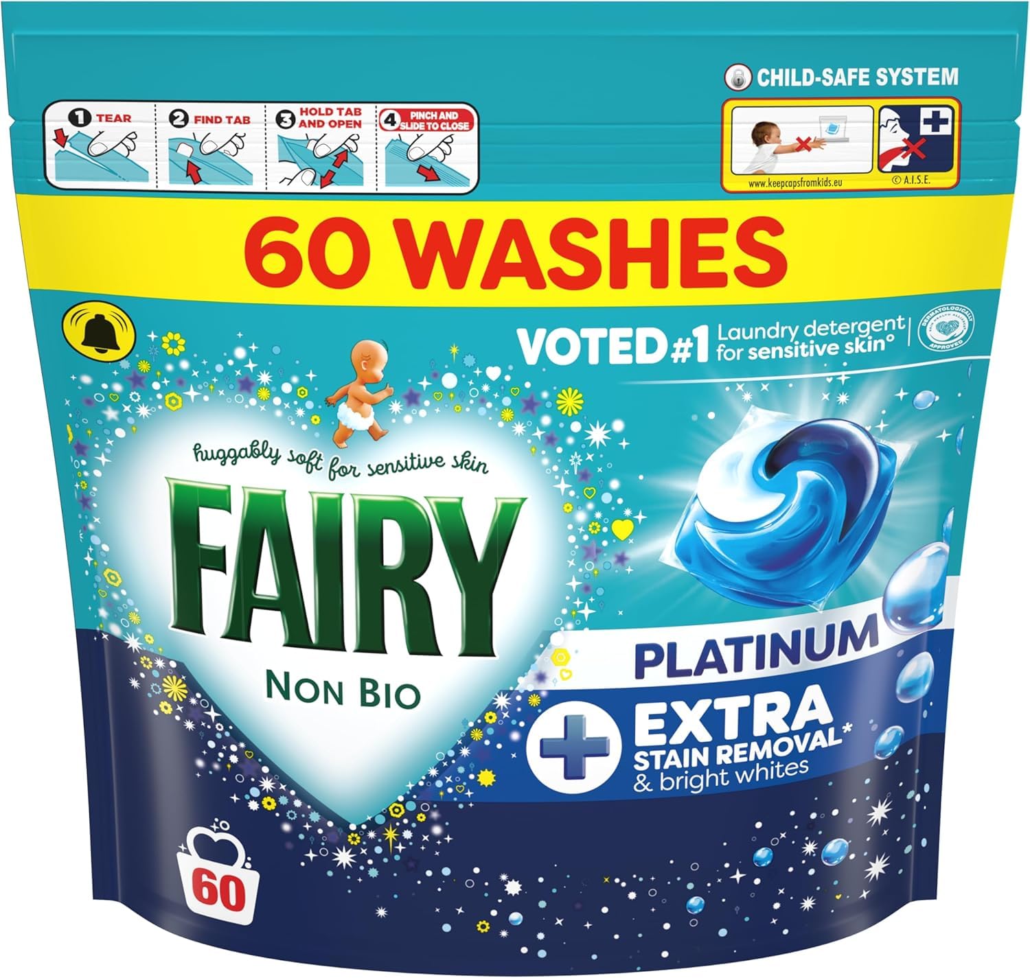 Fairy Non Bio Platinum Washing Capsules - Extra Stain Removal & Sensitive Skin Formula | 60 Count