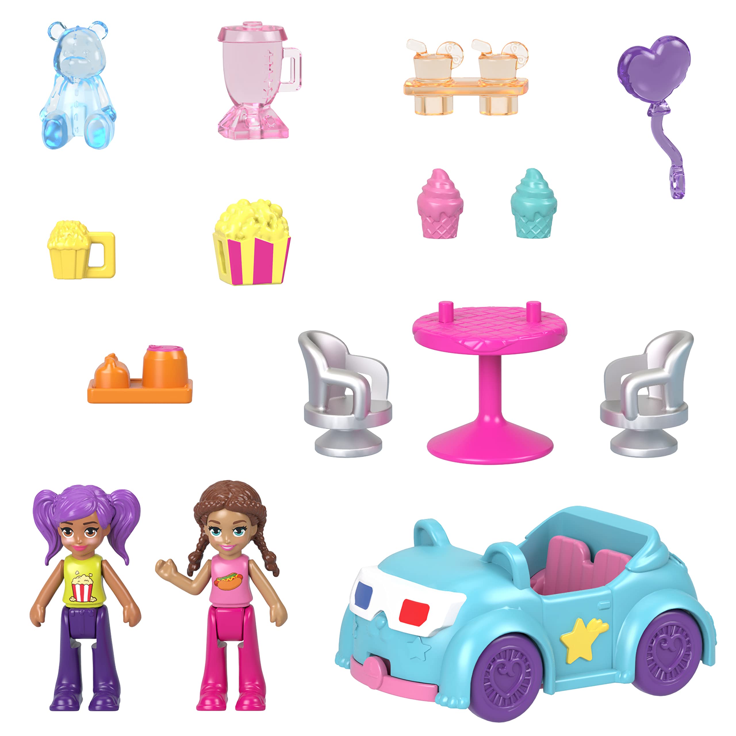 Polly Pocket Pollyville Drive-In Movie Theatre Playset with 2 Micro Dolls, 1 Toy Car, 11 Accessories 7
