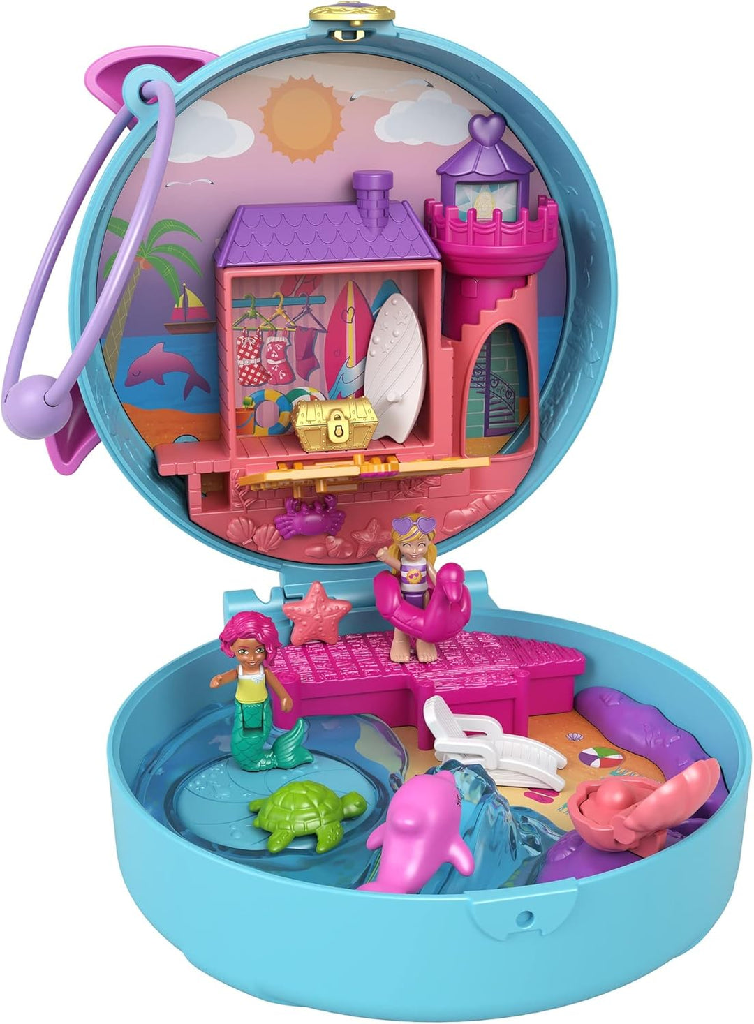 Polly Pocket Dolphin Beach Compact Playset with Micro Polly & Mermaid Doll, 5 Reveals & 13 Accessories