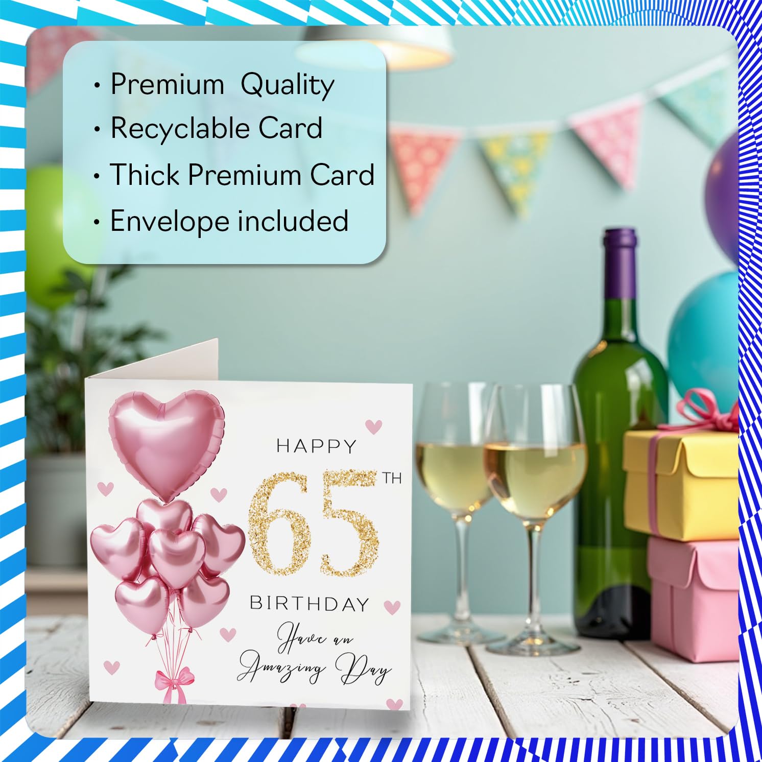 Stuff4 65th Birthday Card for Women - Pink Glitter Balloons | 145mm x 145mm | Blank Inside 3