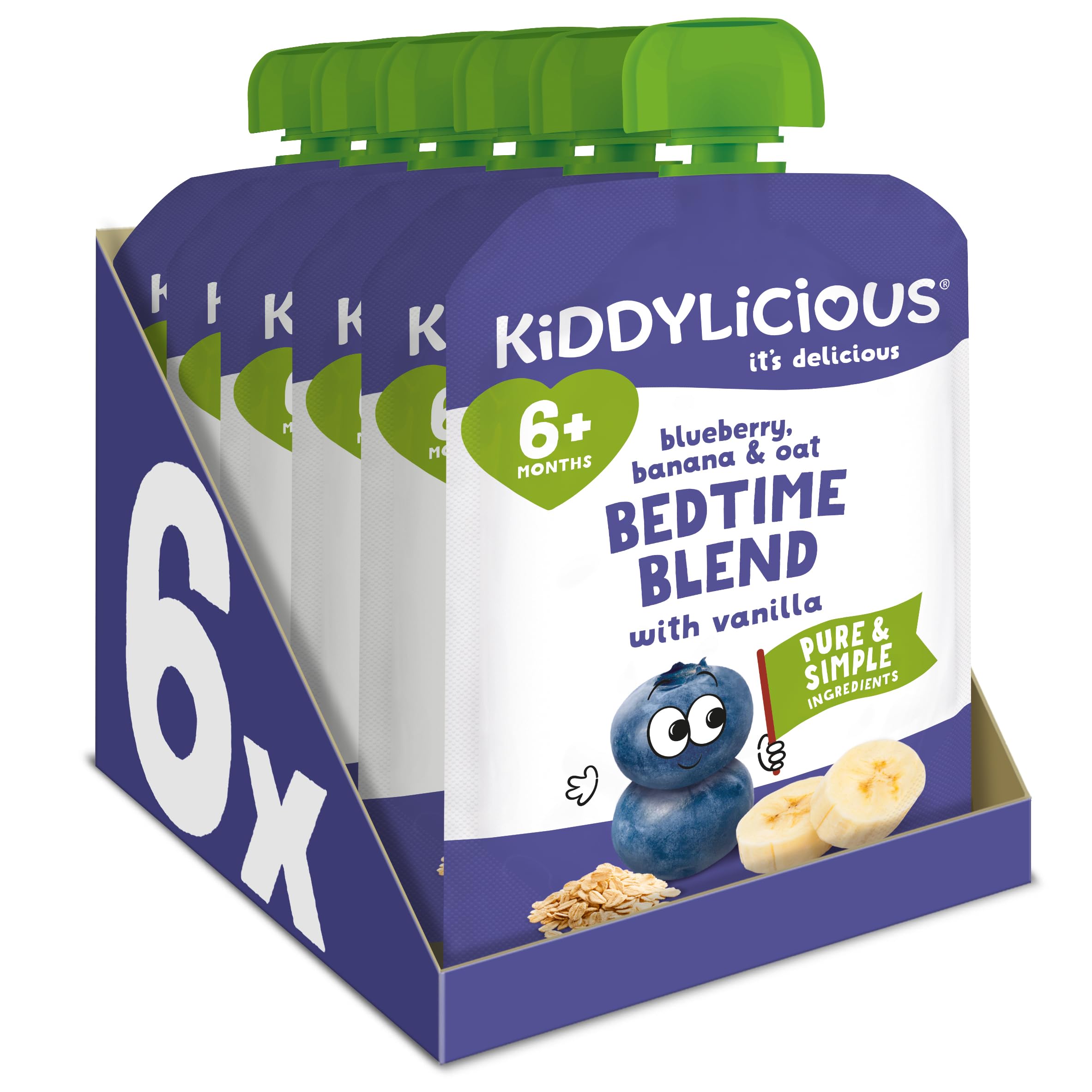 Kiddylicious Bedtime Blend Blueberry, Banana & Oat Fruit Pouches - 6 Pack, 100g Each