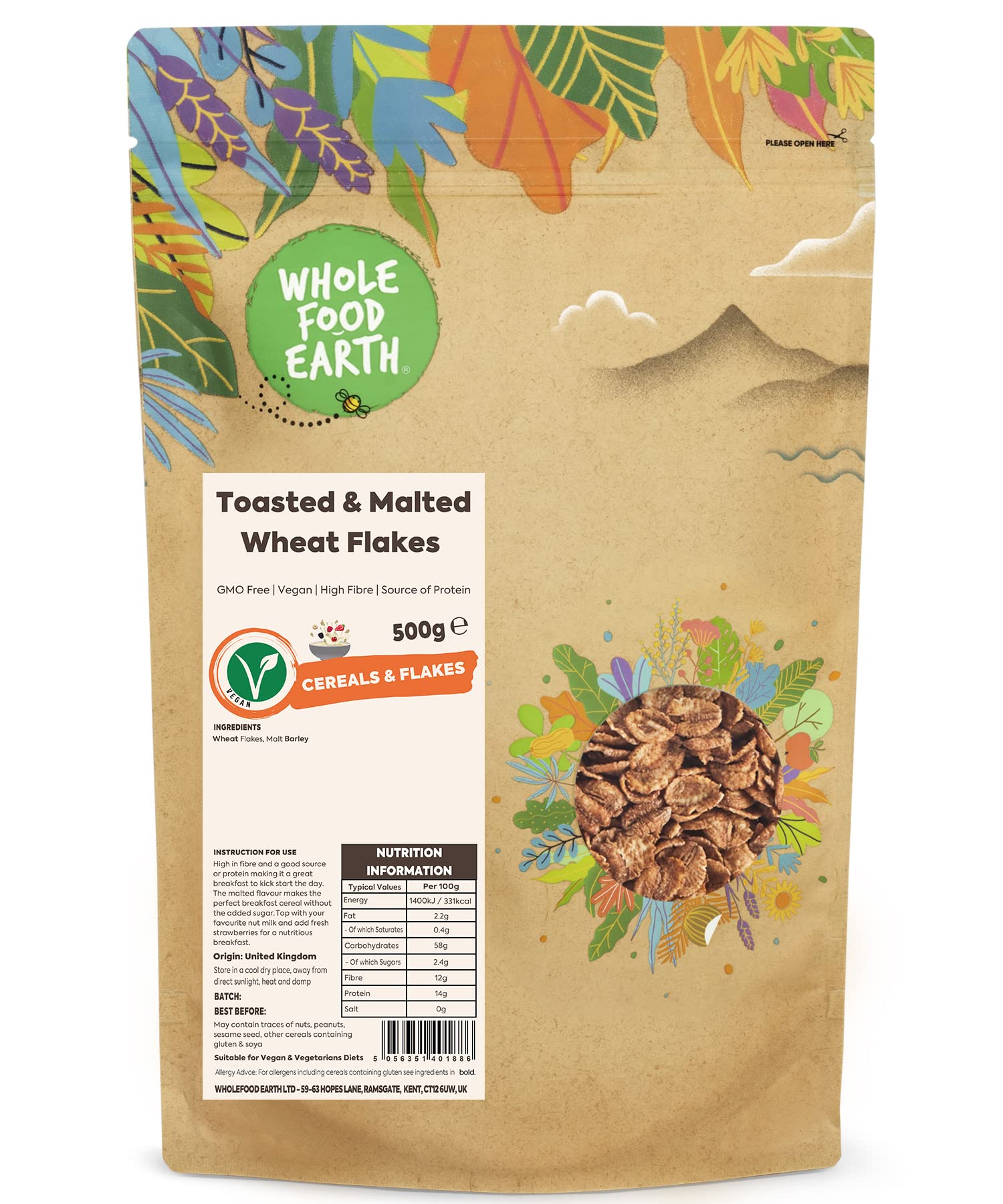 Wholefood Earth Toasted and Malted Wheat Flakes 500g | GMO Free | High Fibre | Vegan