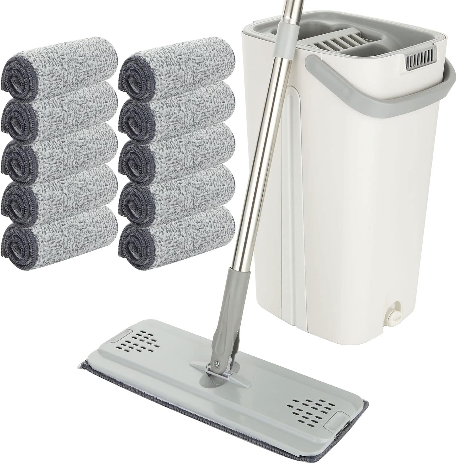 ASelected - Flat Mop and Bucket Set with Hands-Free Squeeze, 10 Reusable Microfiber Pads, Stainless Steel Handle