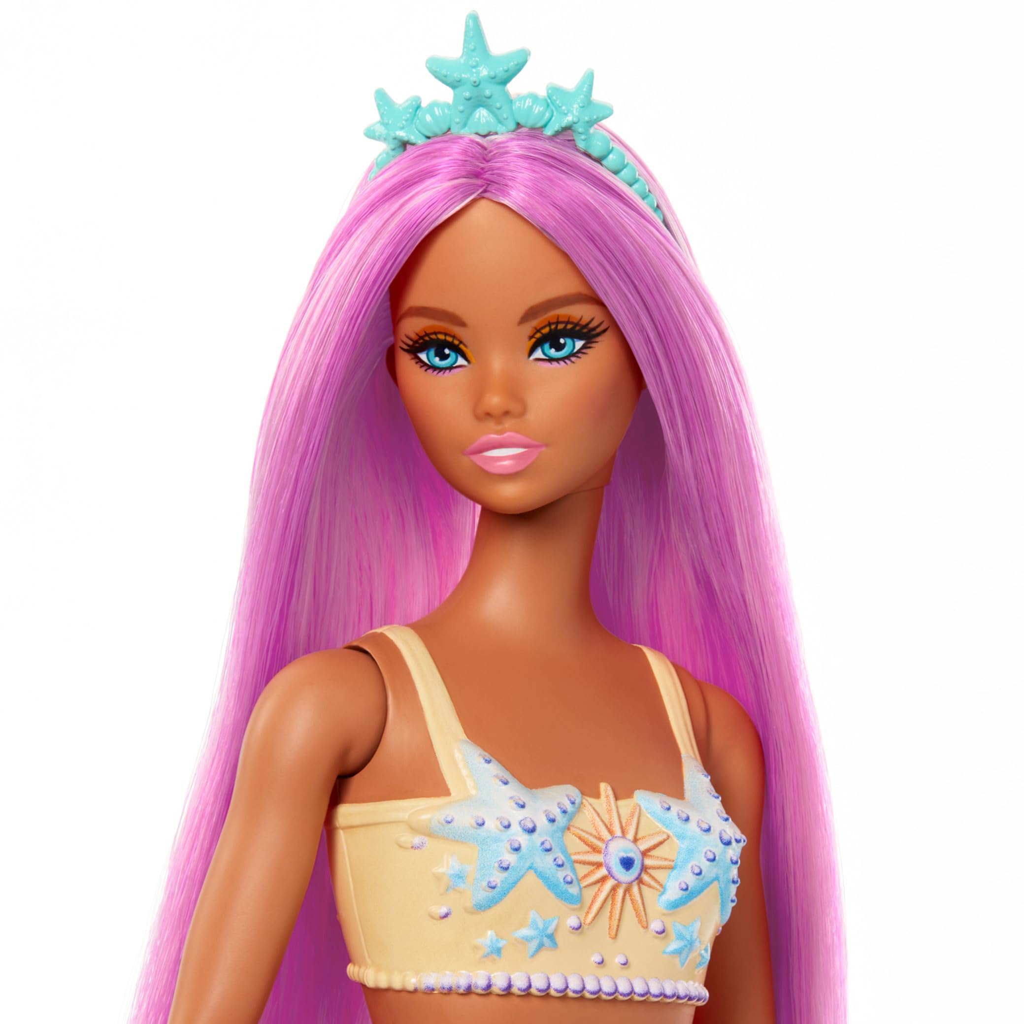 Barbie Mermaid Doll with Pink Fantasy Hair and Headband Accessory, Toy with Starfish-Inspired Bodice and Soft Orange Tail, HRR05 5