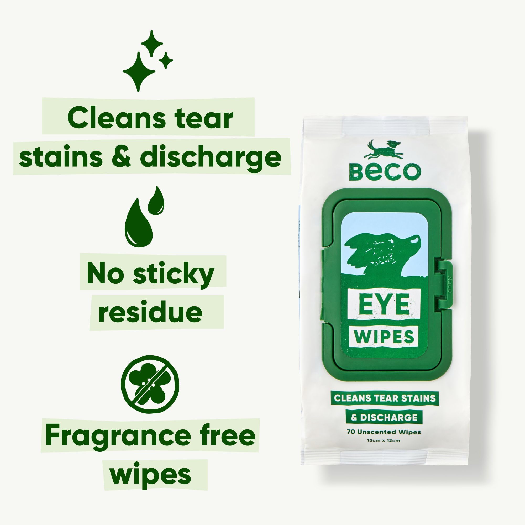 Beco Dog Eye Wipes - 70 Pack for Eye Discharge & Tear Stains | Aloe Vera & Cucumber Infused