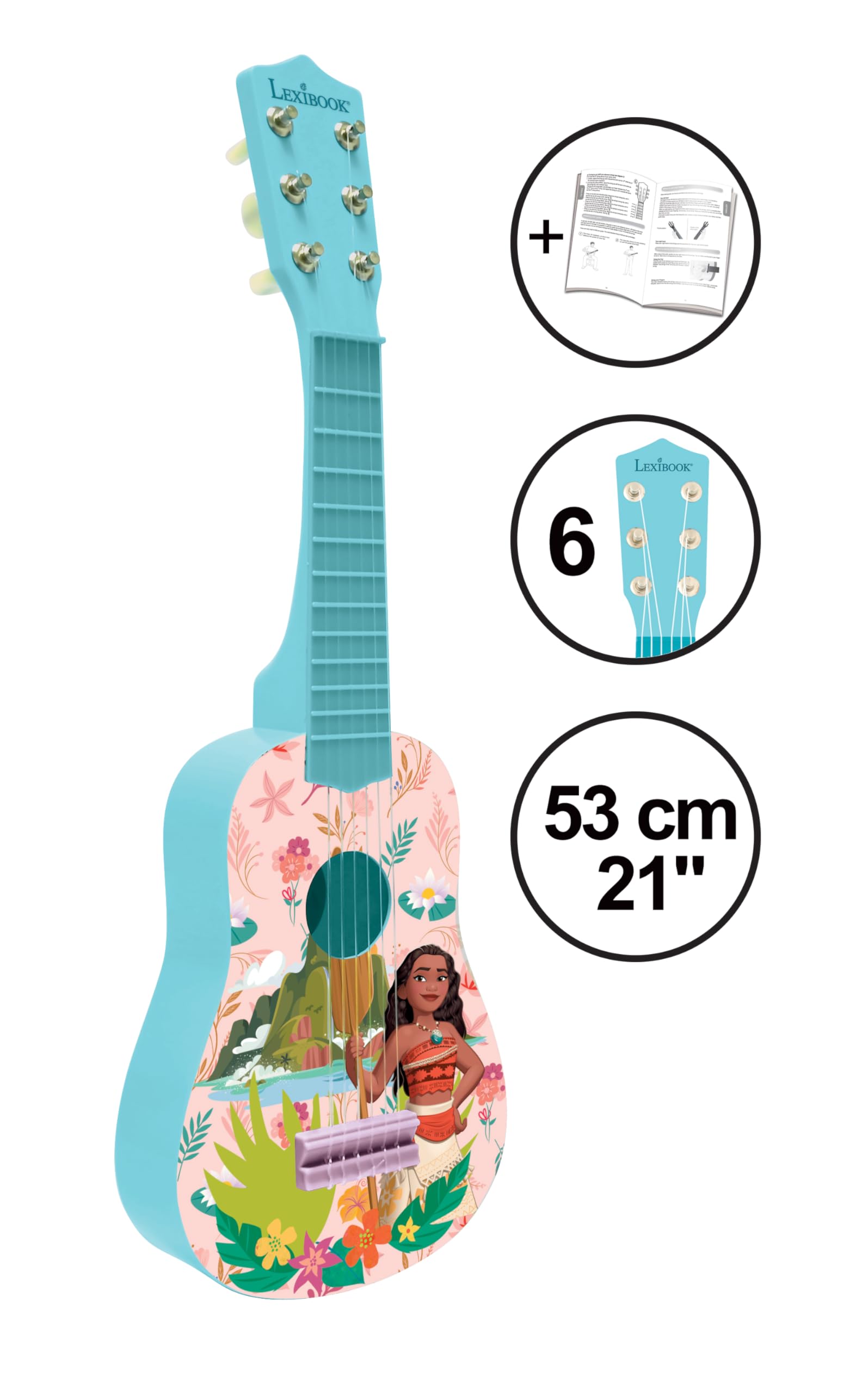 Lexibook Disney Moana My First Guitar - 6 Nylon Strings, 53 cm, Pink/Blue, Ages 3+ 4