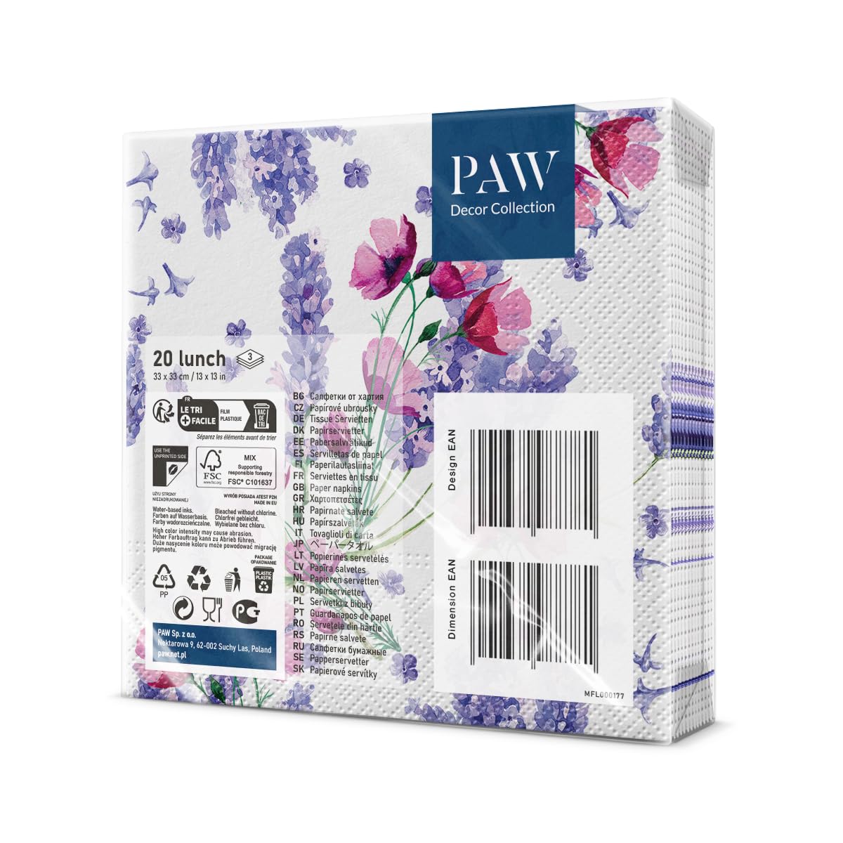 PAW Decor Collection 3-Ply Napkins - Wild Flowers Design | 33 x 33 cm | 20 Pieces