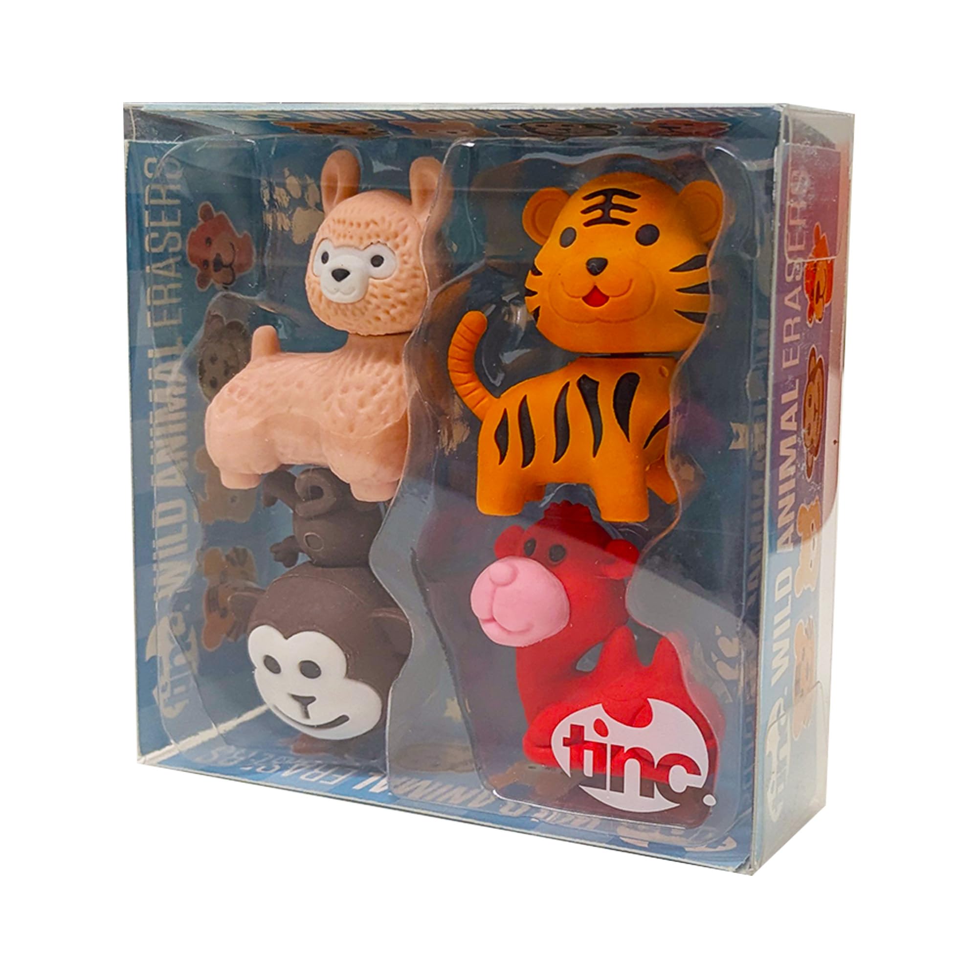 Tinc Wild Animal Erasers Collection - Llama, Tiger, Monkey & Camel Pencil Erasers for Kids