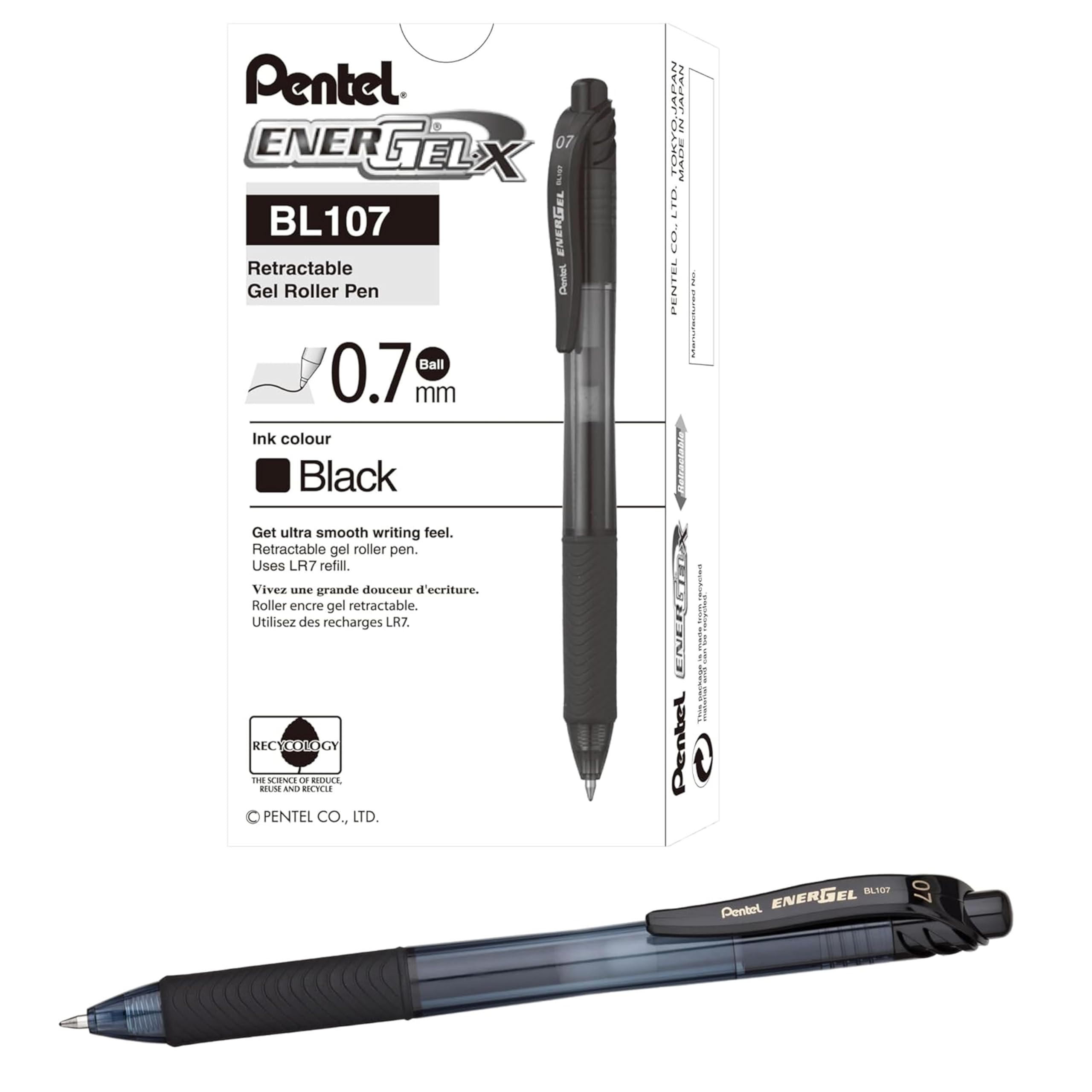 Pentel EnerGel-X Retractable Gel Ink Rollerball Pen - 0.7mm Fine/Medium Tip, Black Ink, Pack of 12 1