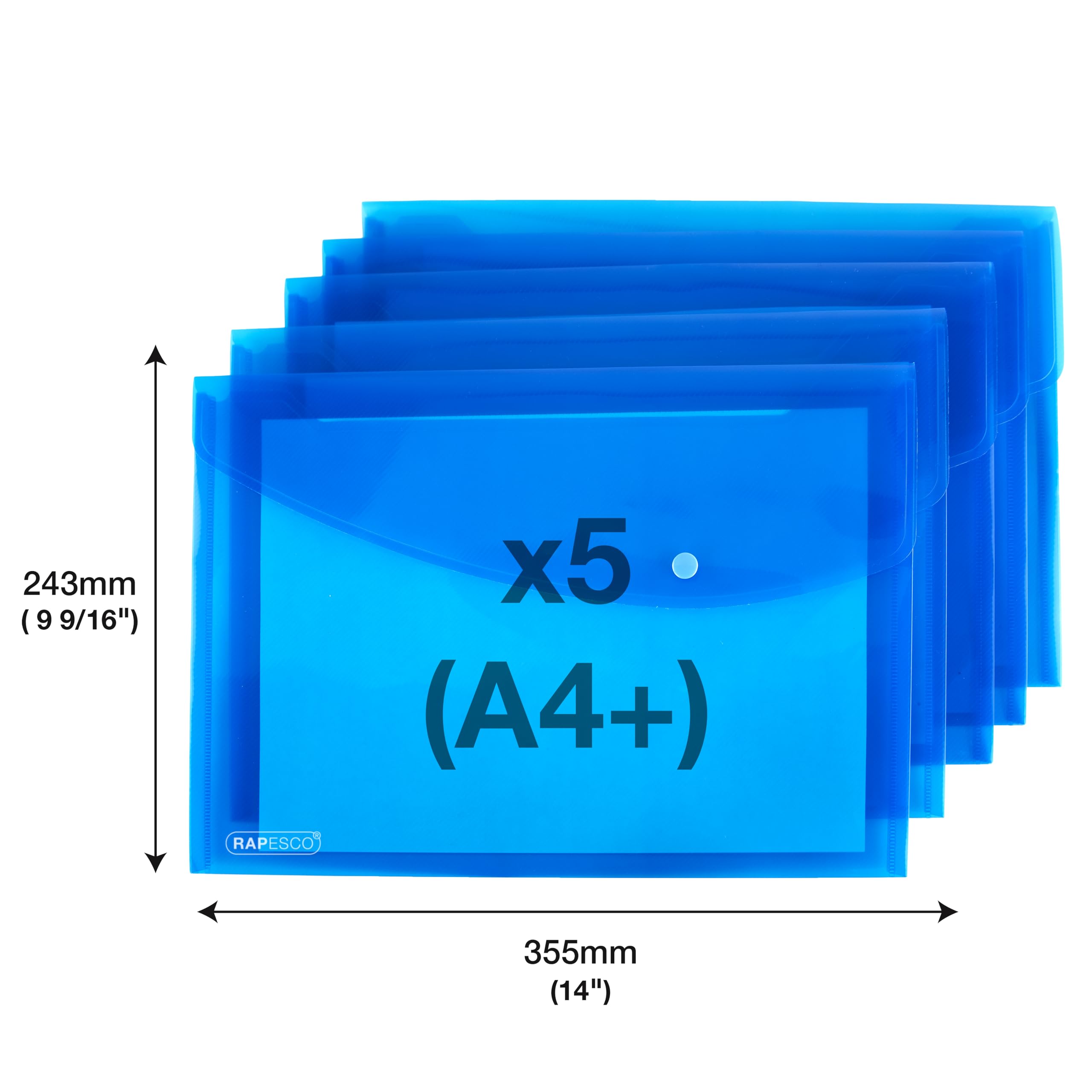 Rapesco 0687 ECO Recycled Popper Wallets - A4+, 150 Sheet Capacity, Bright Transparent Blue, Pack of 5