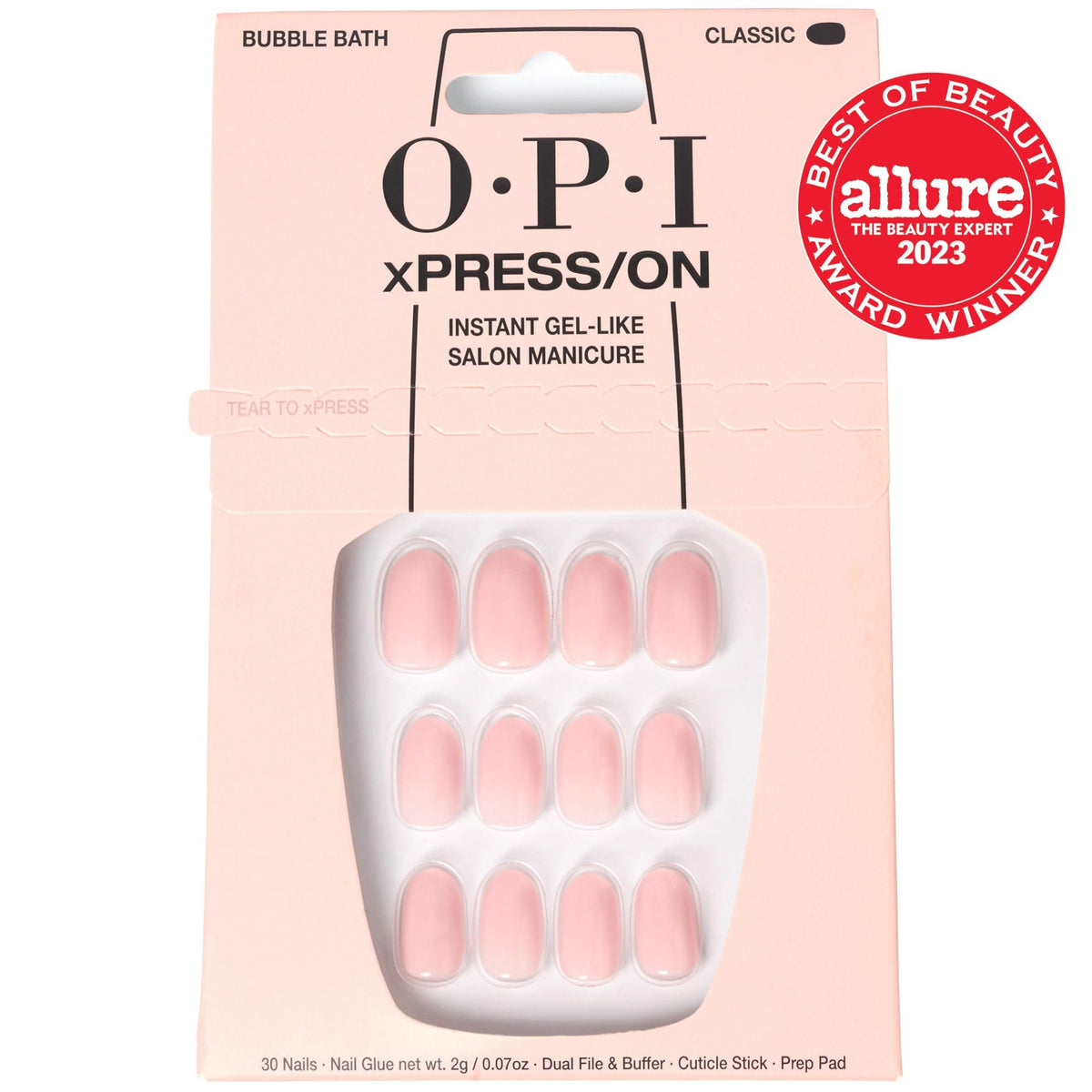 OPI xPRESS/ON Bubble Bath Short Round Nail Tips - Nude Pink | Up to 14 Days Wear | Reusable | Includes Nail Glue