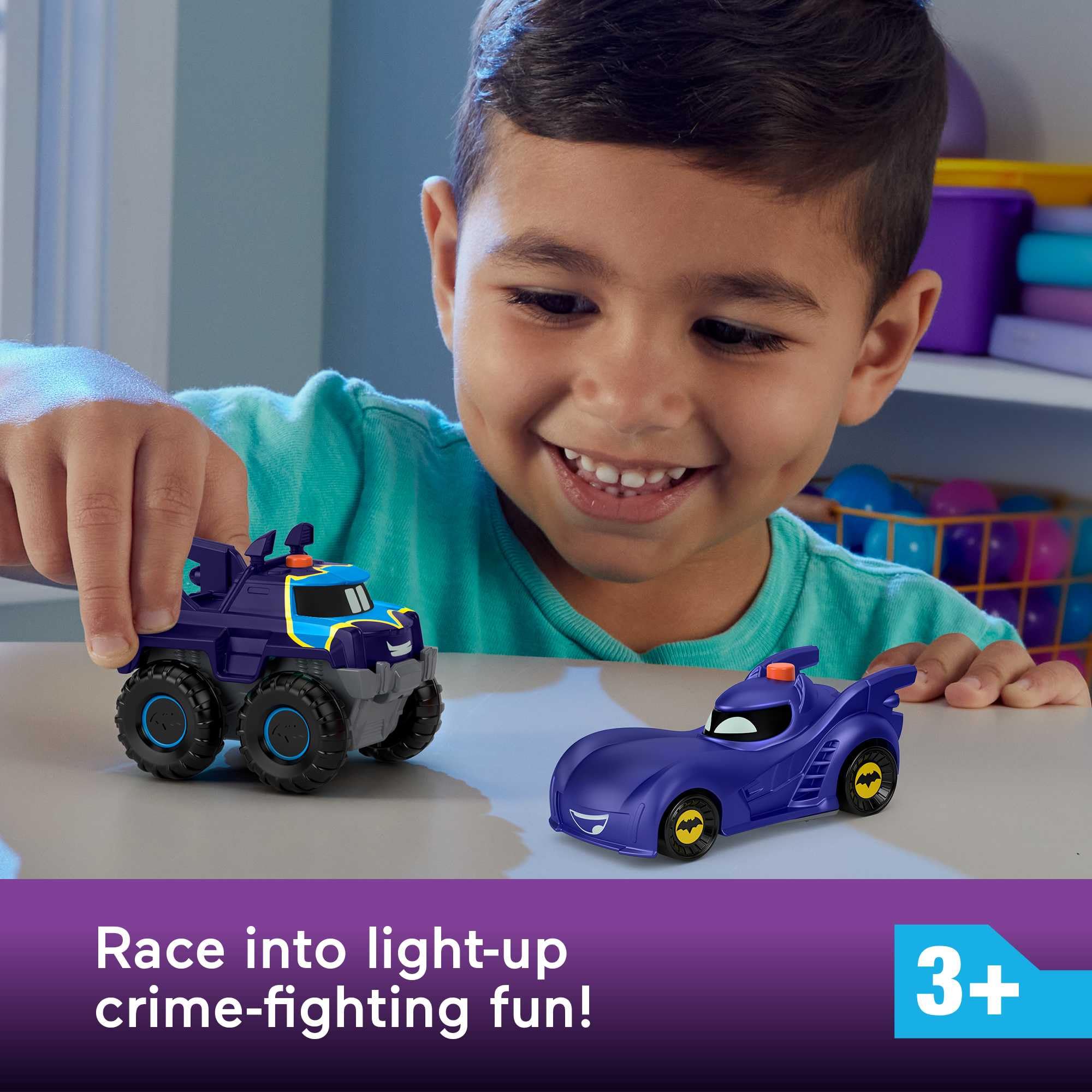 Fisher-Price DC Batwheels Light-Up 1:55 Scale Toy Cars 2-Pack - Bam the Batmobile & Buff the Bat-Truck, Ages 3+ 5