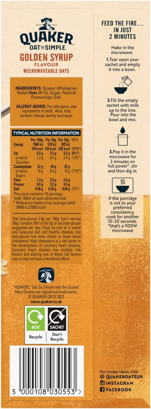 Quaker Oat So Simple Golden Syrup Porridge, 10 x 36g 10