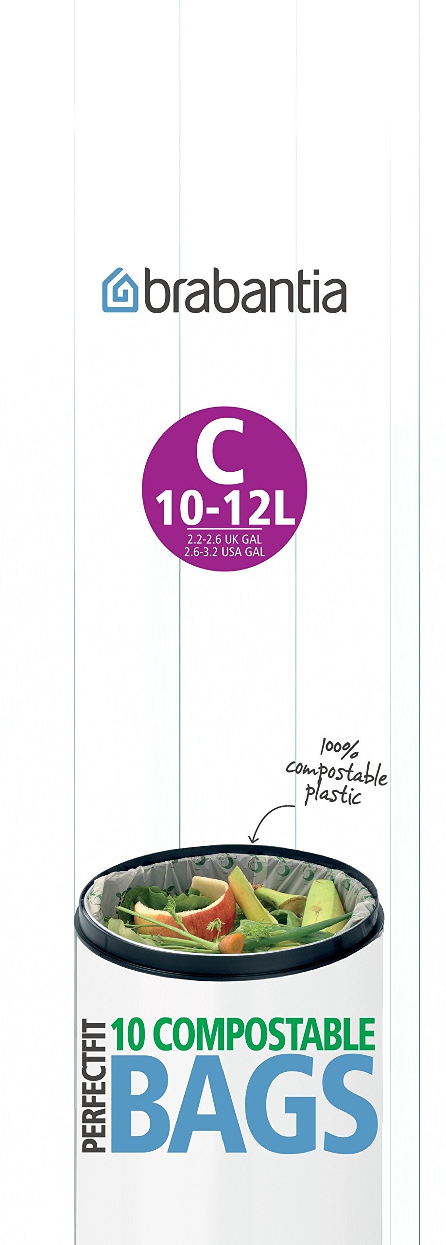 Brabantia Compostable Bin Liners - 10L Capacity | Size C | 10 Bags | Starch Based Material