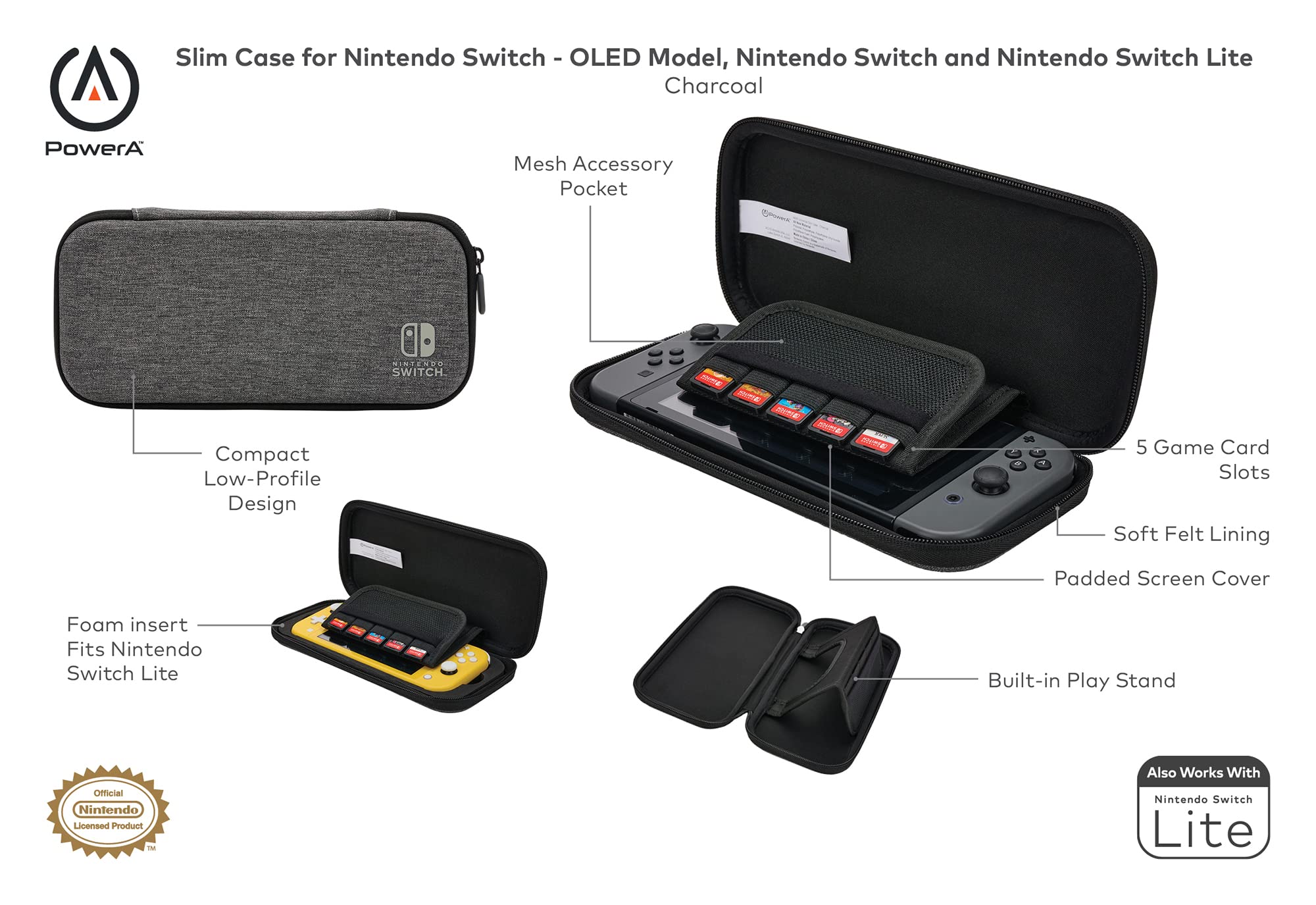 PowerA Slim Case for Nintendo Switch - OLED Model, Switch, and Switch Lite - Charcoal 3