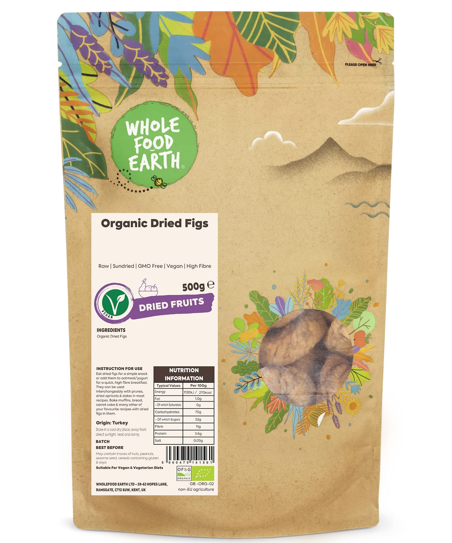 Wholefood Earth Organic Dried Figs - Raw Sundried | 500g Pack