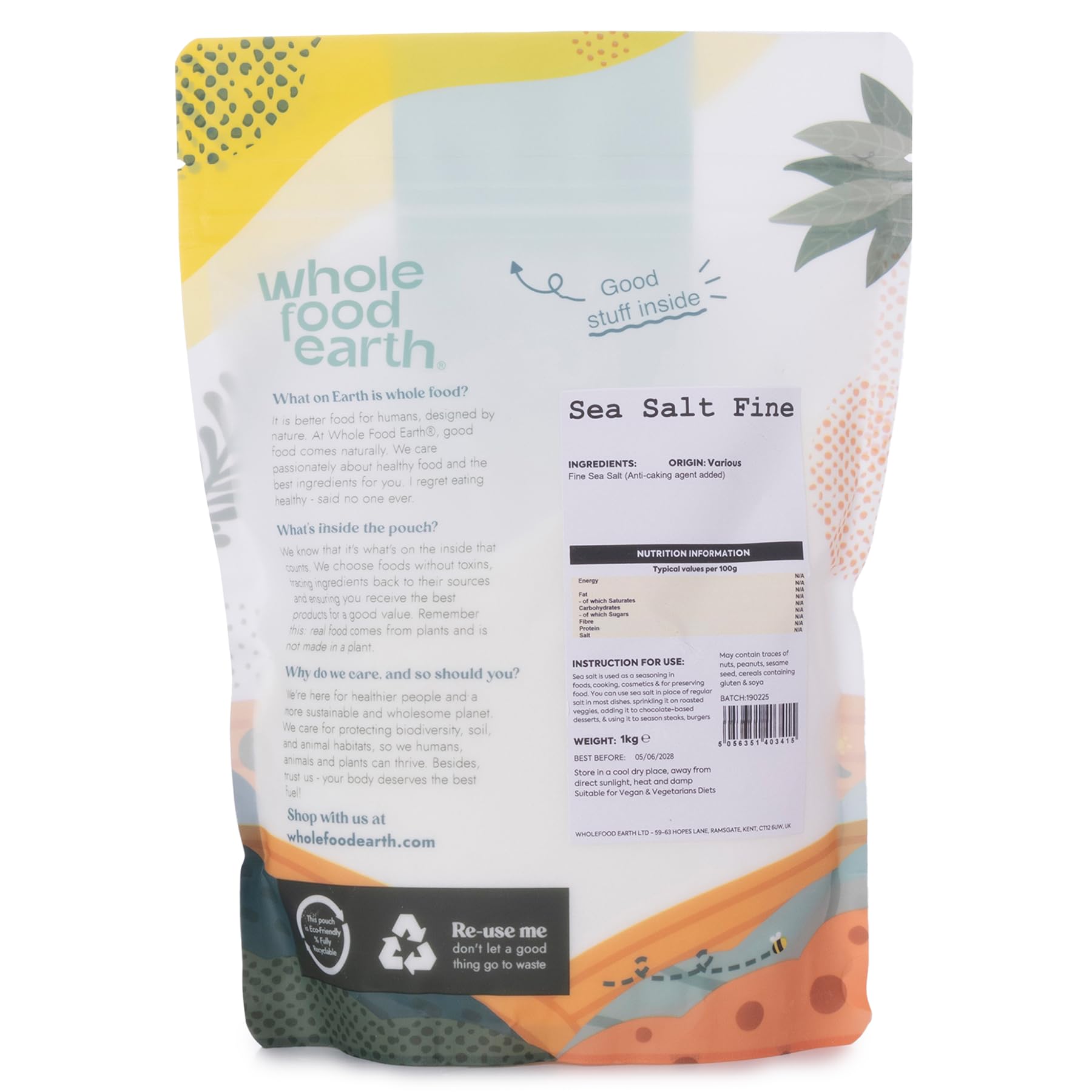 Wholefood Earth Fine Sea Salt - 1kg | GMO Free