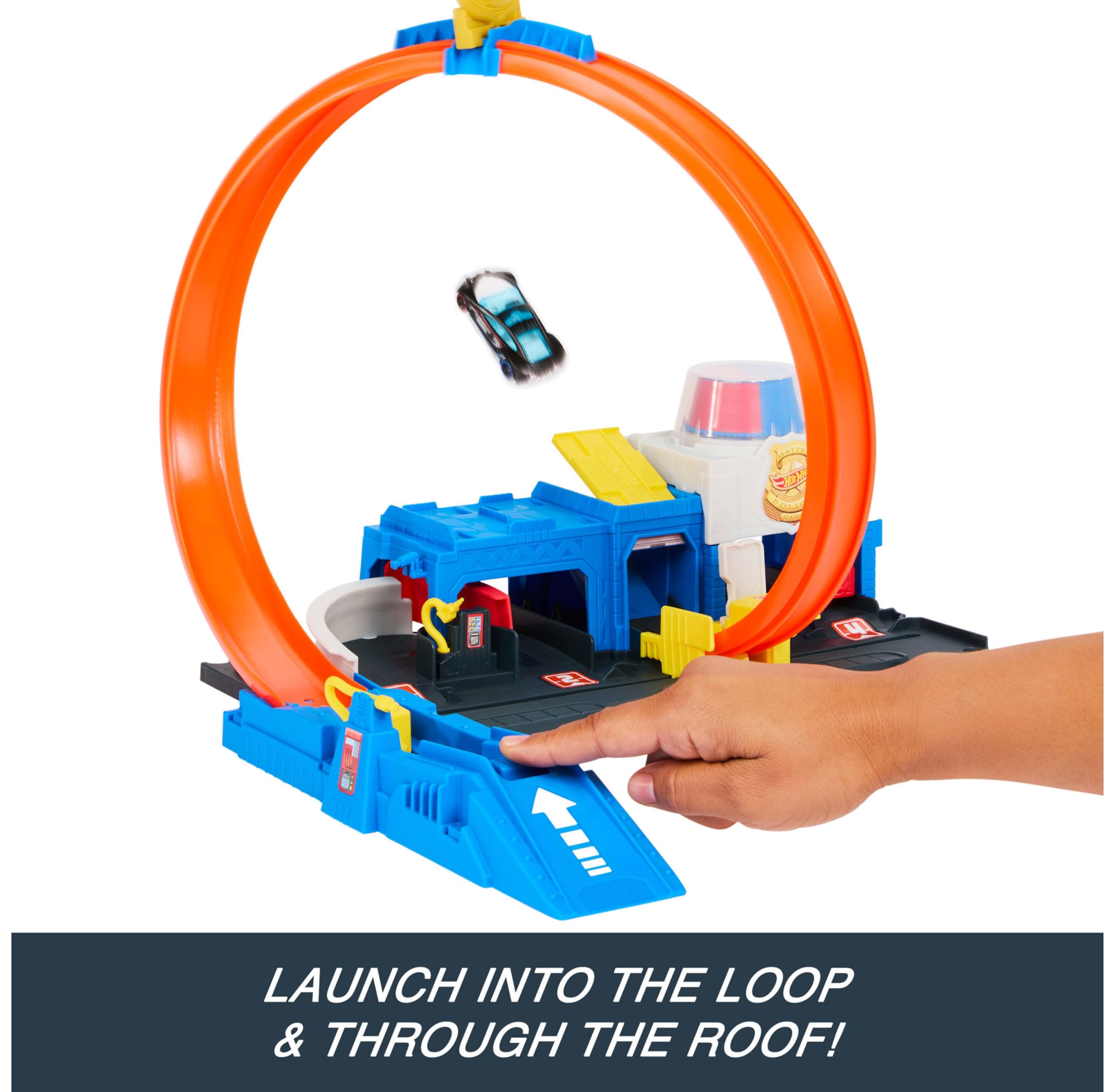 Hot Wheels Super Police Station Playset - 1:64 Scale Track Set with 4-Lane Stunt Racing for Kids 8