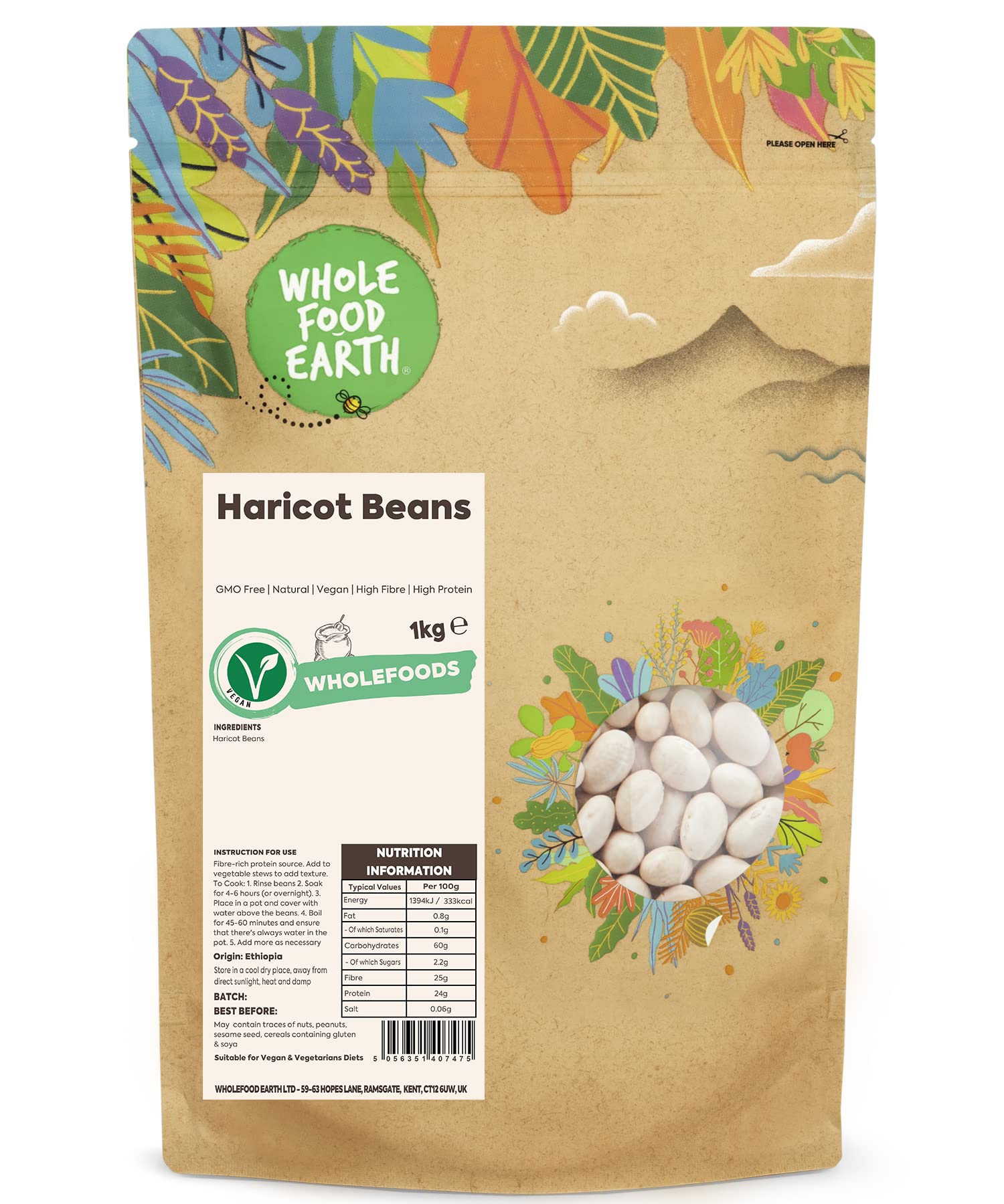 Wholefood Earth Haricot Beans 1 kg | GMO Free | Natural | High Fibre | Vegan 1