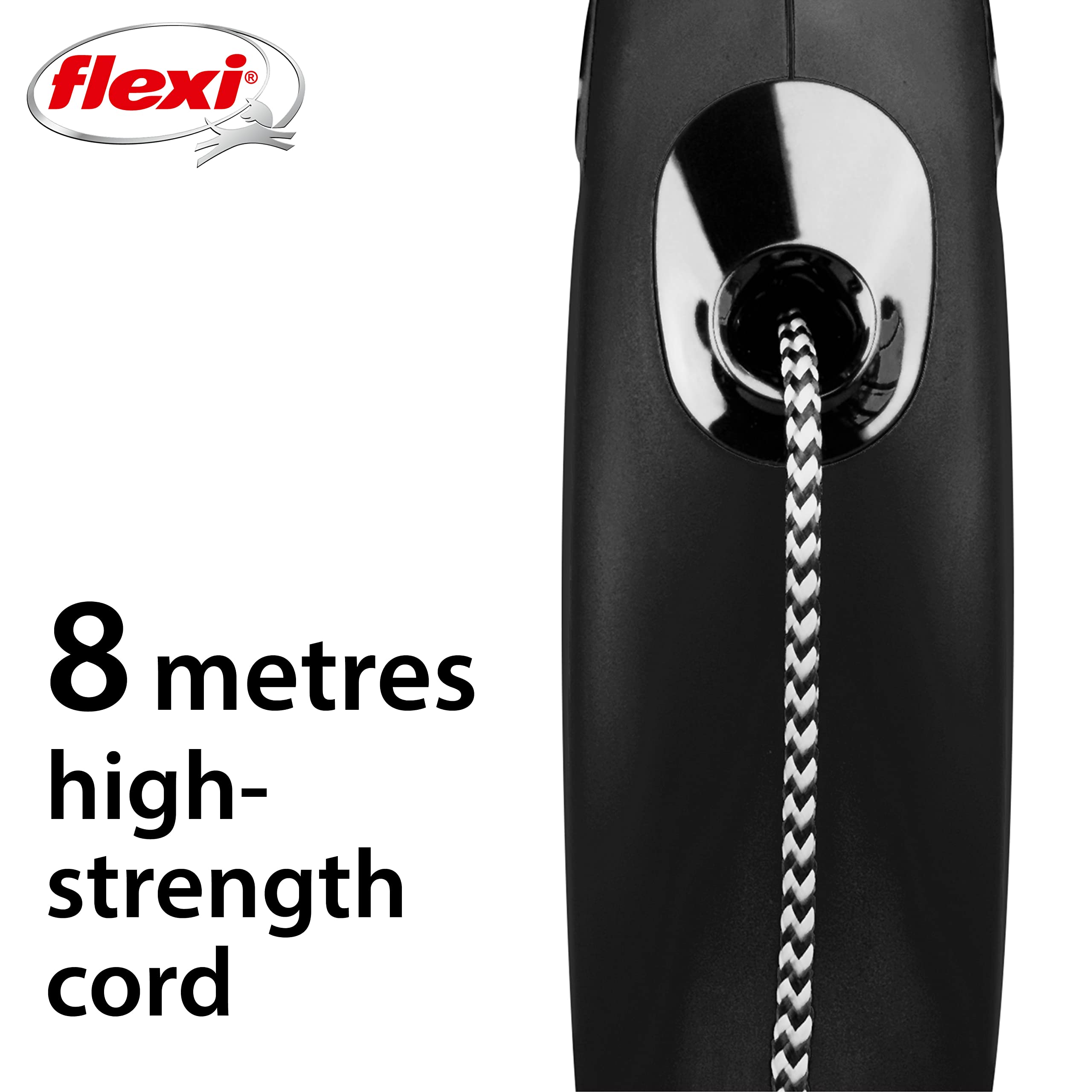 flexi New Classic Cord Black Small Retractable Dog Leash | 8m Length | Up to 12kg/26lbs 4