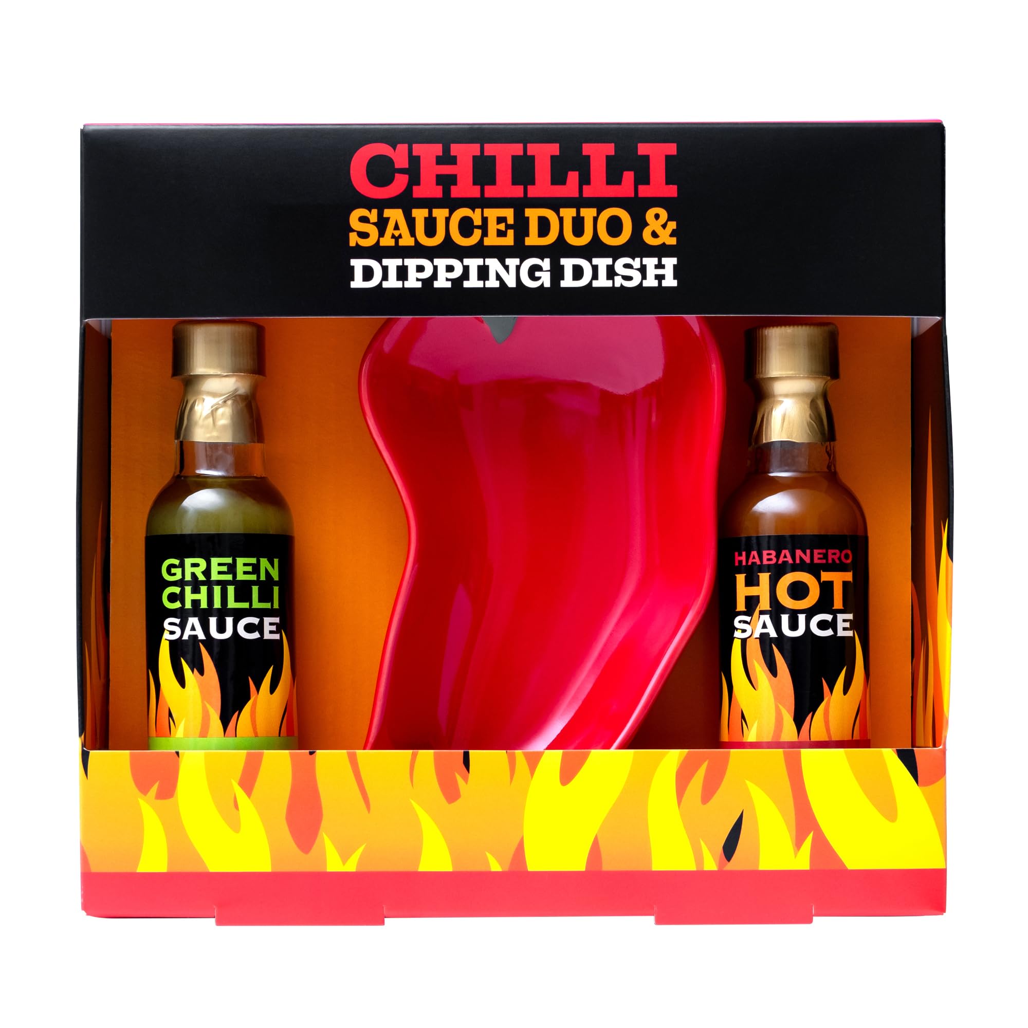 Hot Sauce Gift Set - Mild Green Chilli & Habanero Sauce Duo with Chilli Shaped Dipping Dish 4