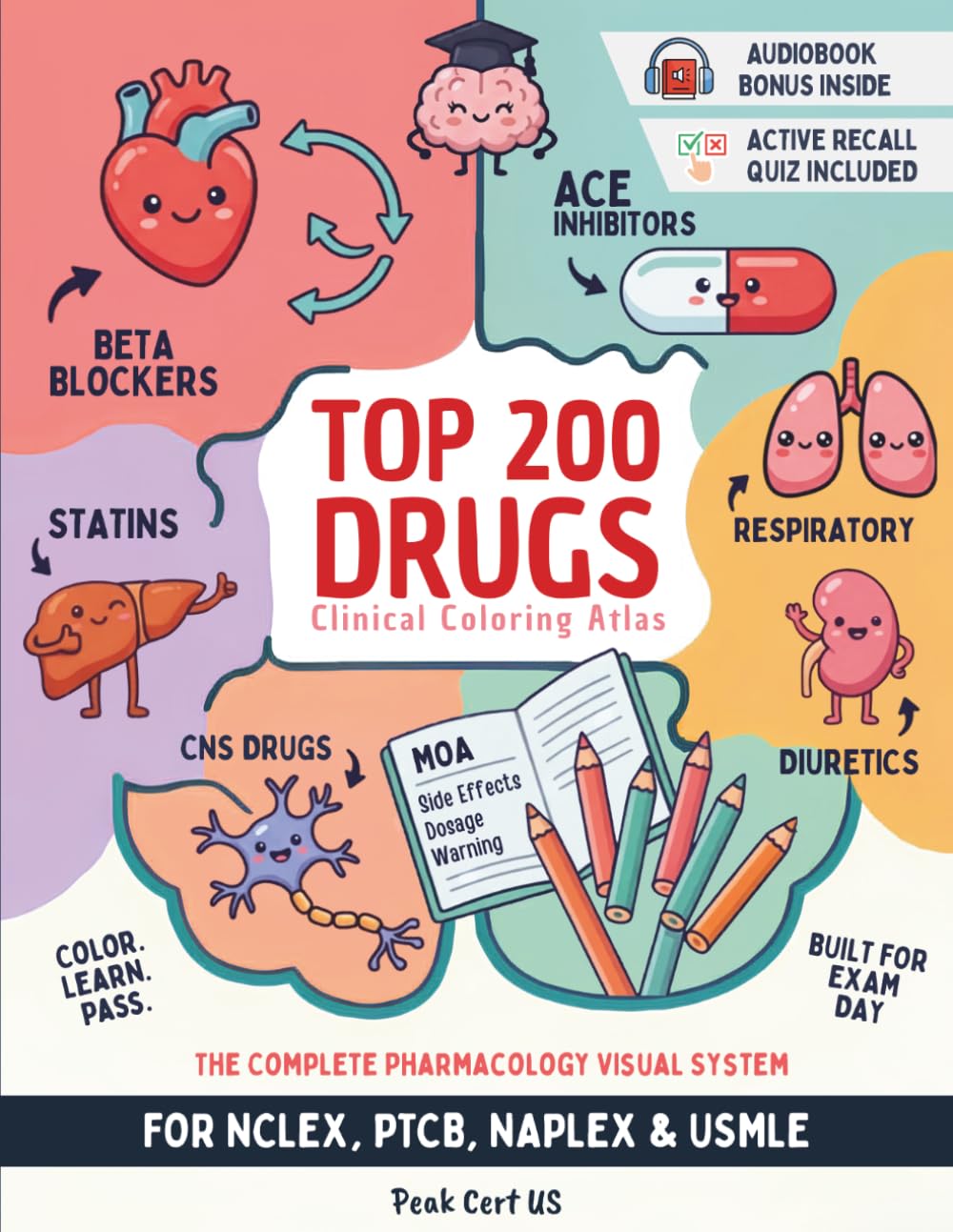 PeakCert US - Top 200 Drugs Clinical Coloring Atlas | Mastering Pharmacology with MOA Visuals