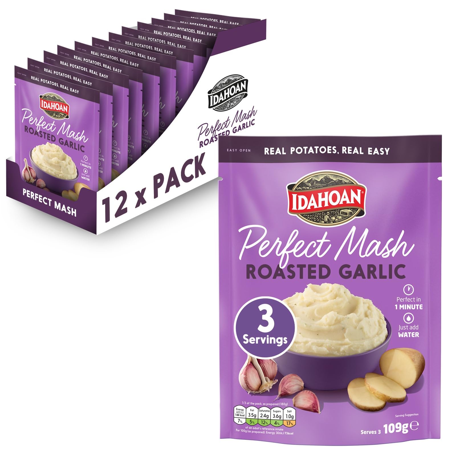 Idahoan Roasted Garlic Mash Potato - Gluten Free Vegetarian | Pack of 12 | 1308g