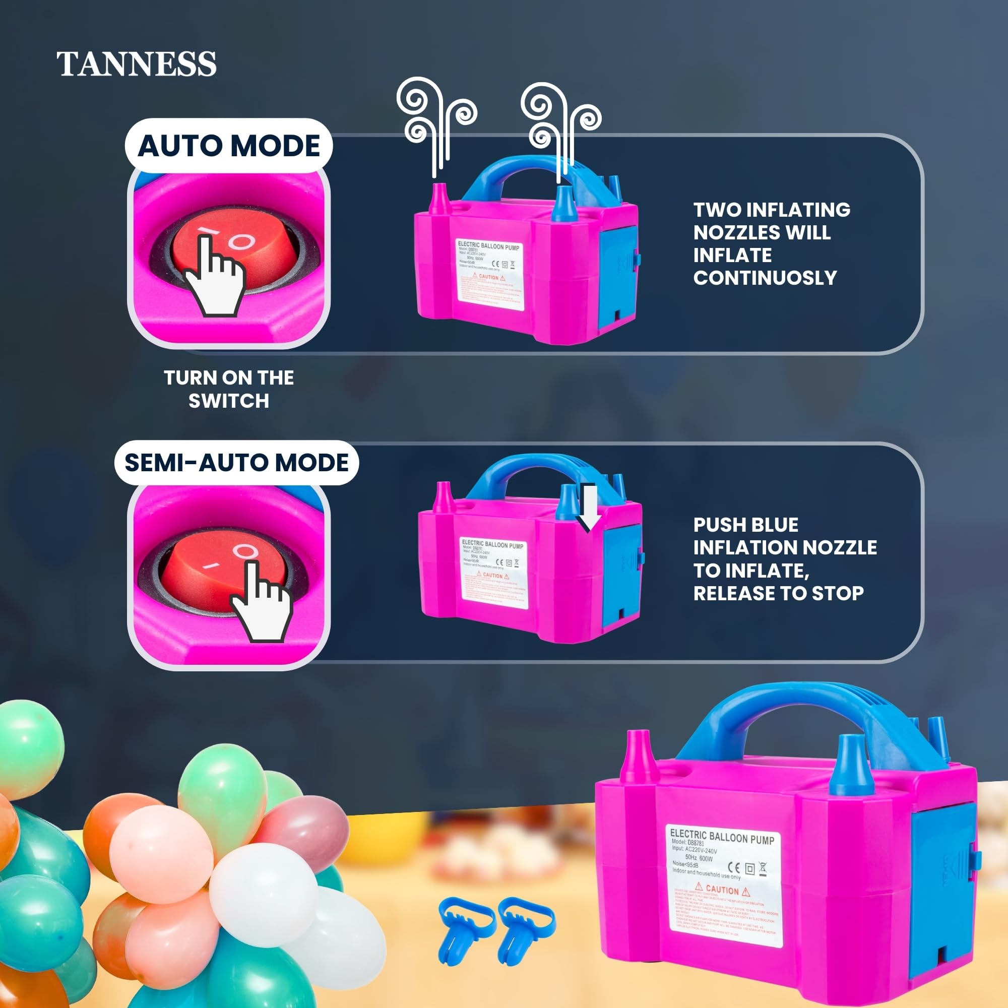TANNESS Electric Balloon Pump - Dual Nozzle High Power with Manual & Auto Modes (AC220-240V)