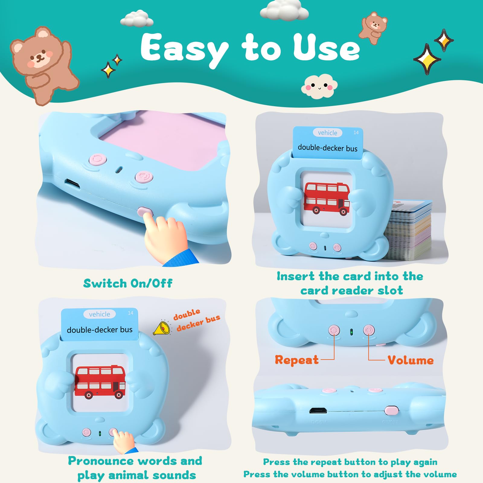 Oderra Talking Flash Cards for Toddlers - 224 Words Interactive Learning Toy for Ages 3+ 5