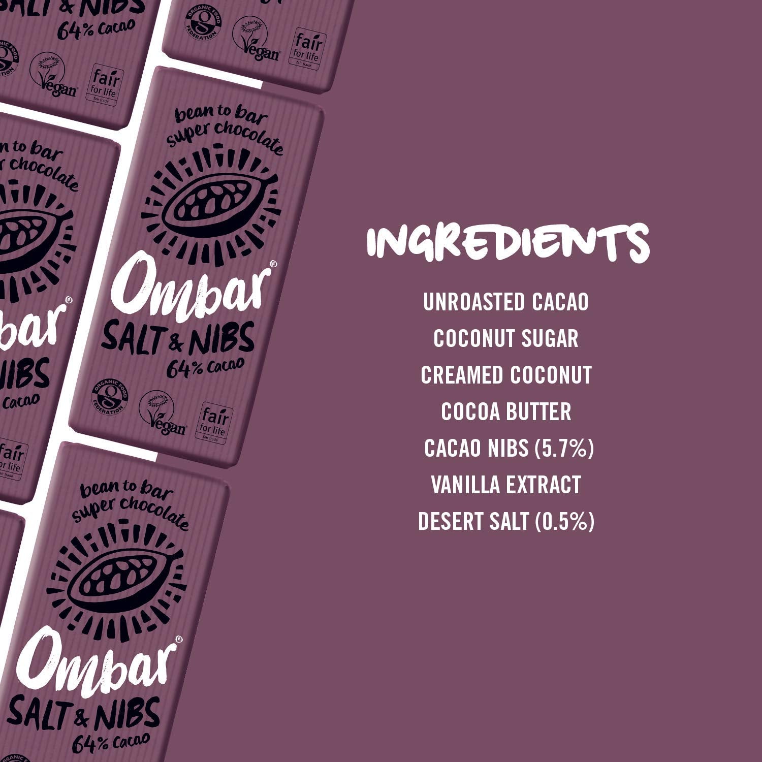 Ombar Salt & Nibs 64%, Vegan, Organic, Fair Trade Chocolate Bar 4