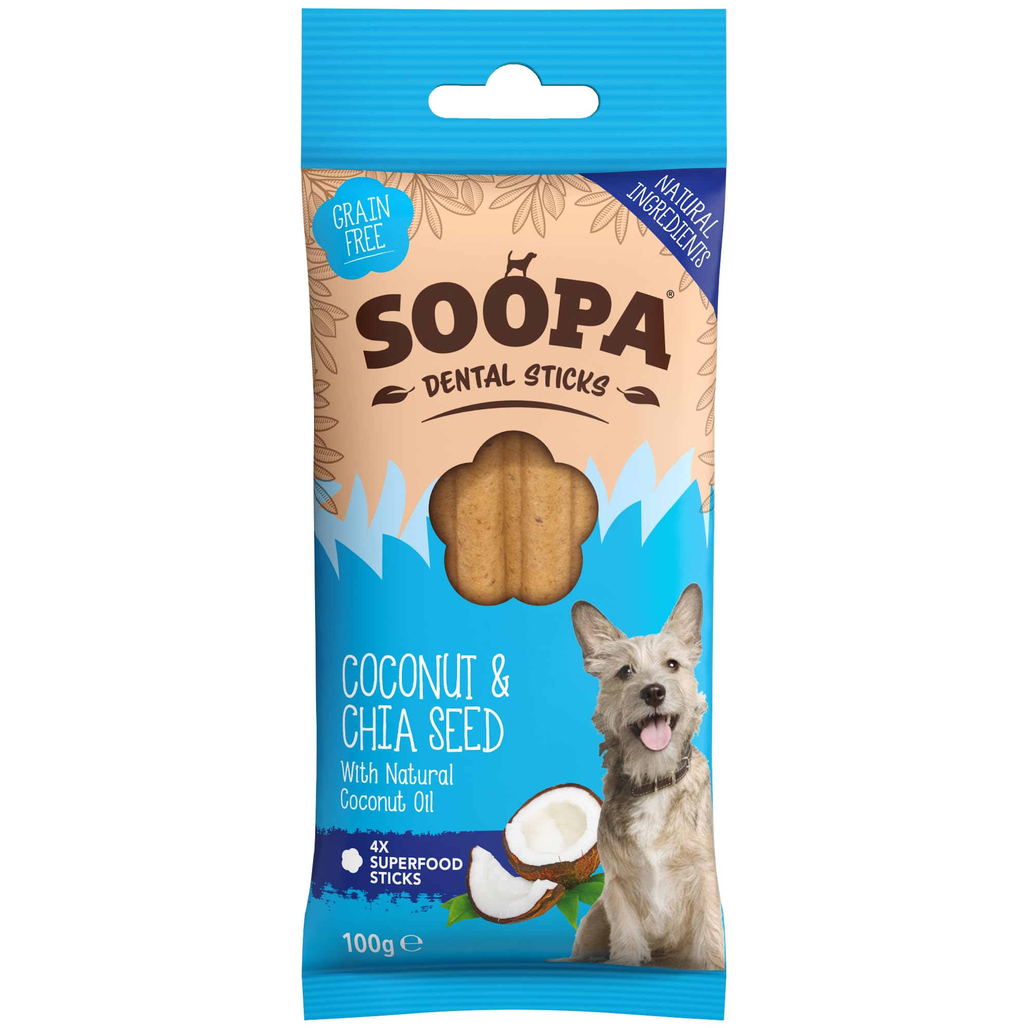 Soopa Grain Free Coconut and Chia Seed Dental Dog Treats | 100g Pouch | All Life Stages