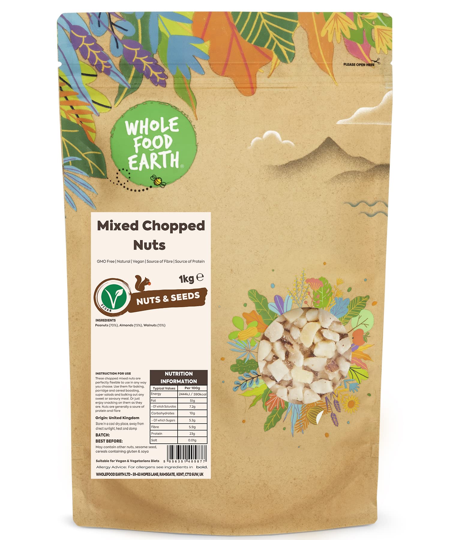 Wholefood Earth Mixed Chopped Nuts 1 kg | GMO Free | Vegan | Natural Source of Protein & Fibre