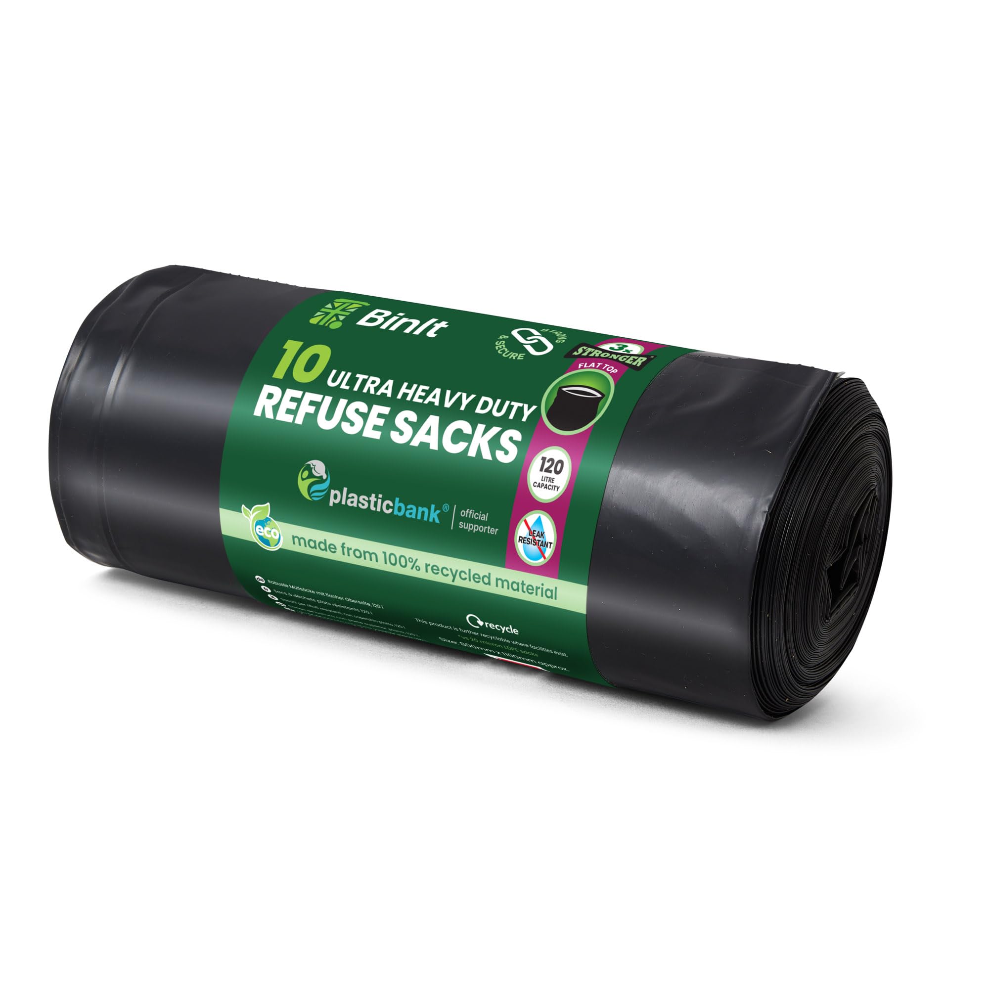 BIN IT Ultra Heavy Duty 120L Refuse Sacks 10 Pack, 80kg Lift Tested, 60μm Thickness, Recycled LDPE Bin Liners