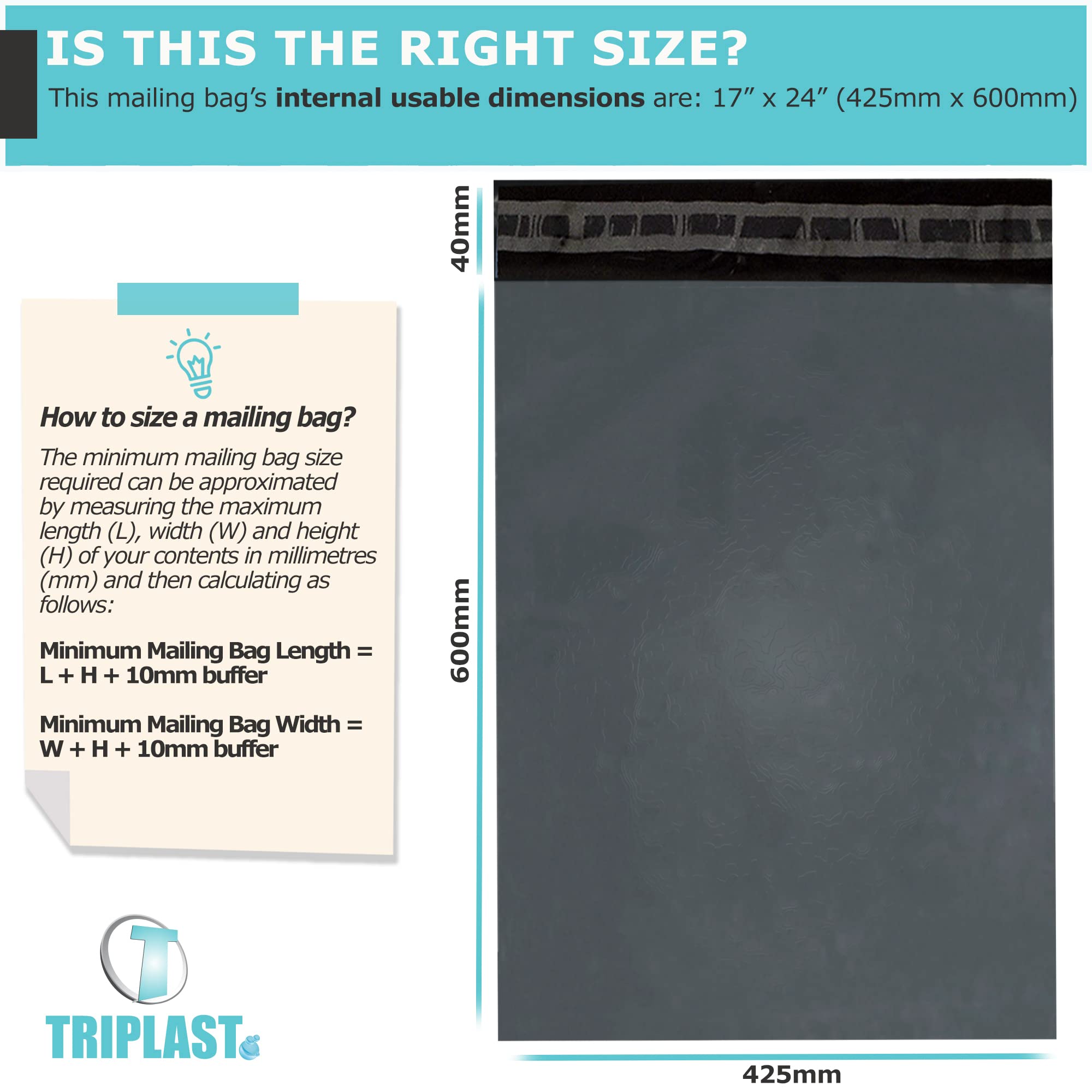 Triplast Parcel Postage Mailing Bags - 17 x 24" (425x600mm) Grey Polyethylene, Pack of 25 2
