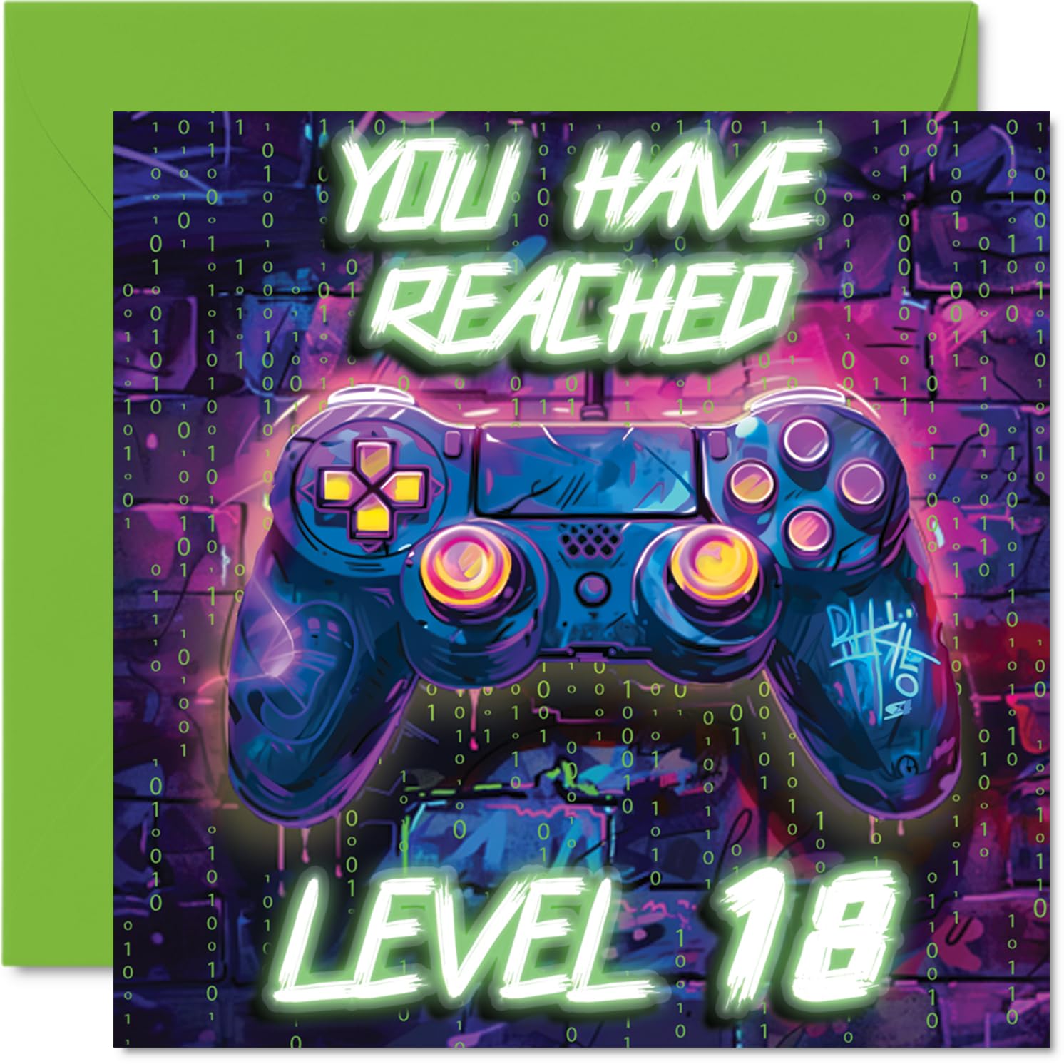 Stuff4 18th Birthday Card for Men - Neon Video Gamer Theme | 145mm Square Greeting Card