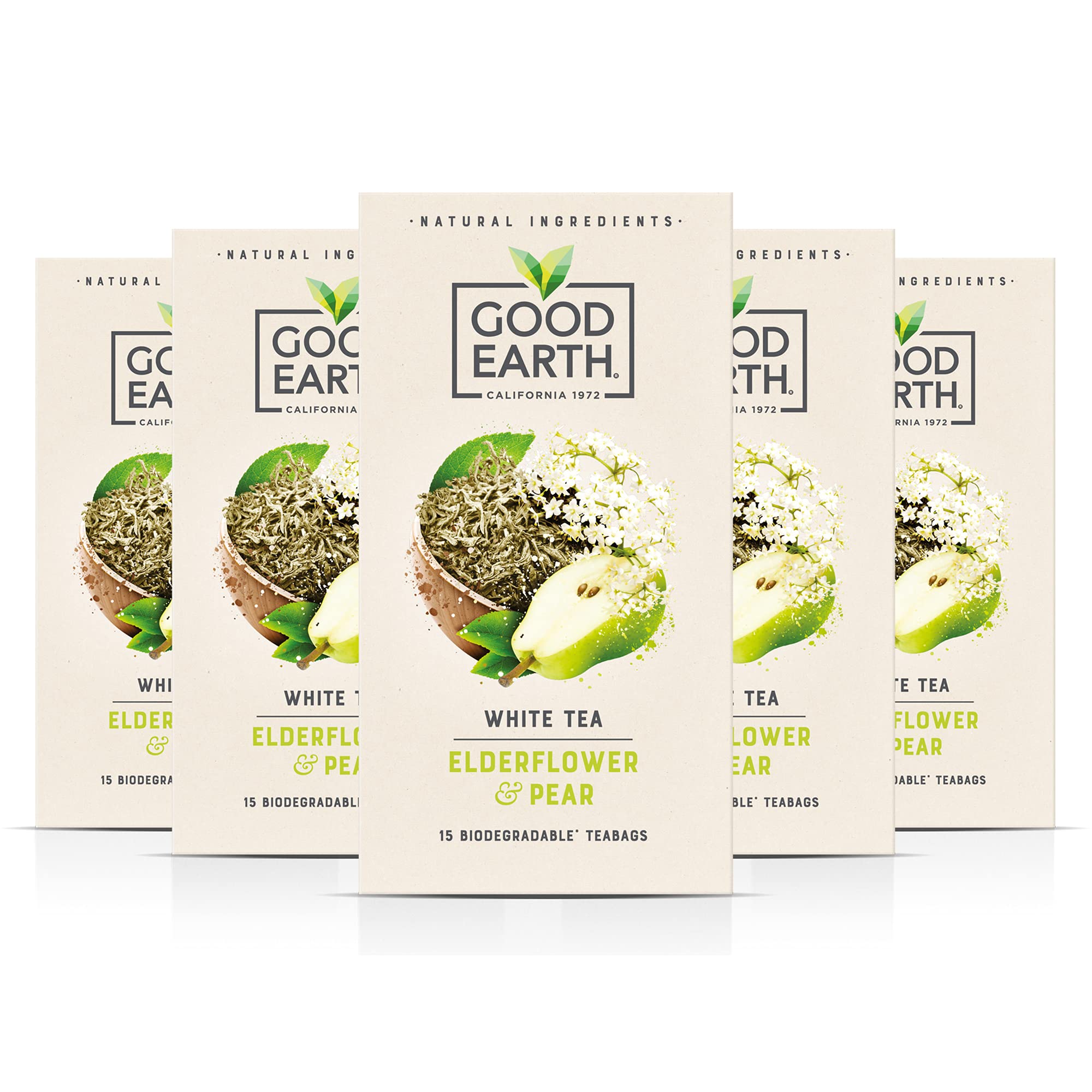 Good Earth Tea Co. Weißer Tee, Holunderblüten- und Birnen-Loseblatt-Tee – 5 x 15 Tee