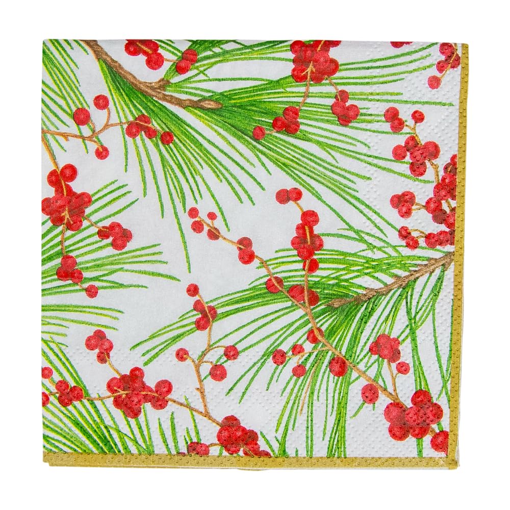 Caspari Berries and Pine Triple-Ply Paper Cocktail Napkins - 20 Per Package 7