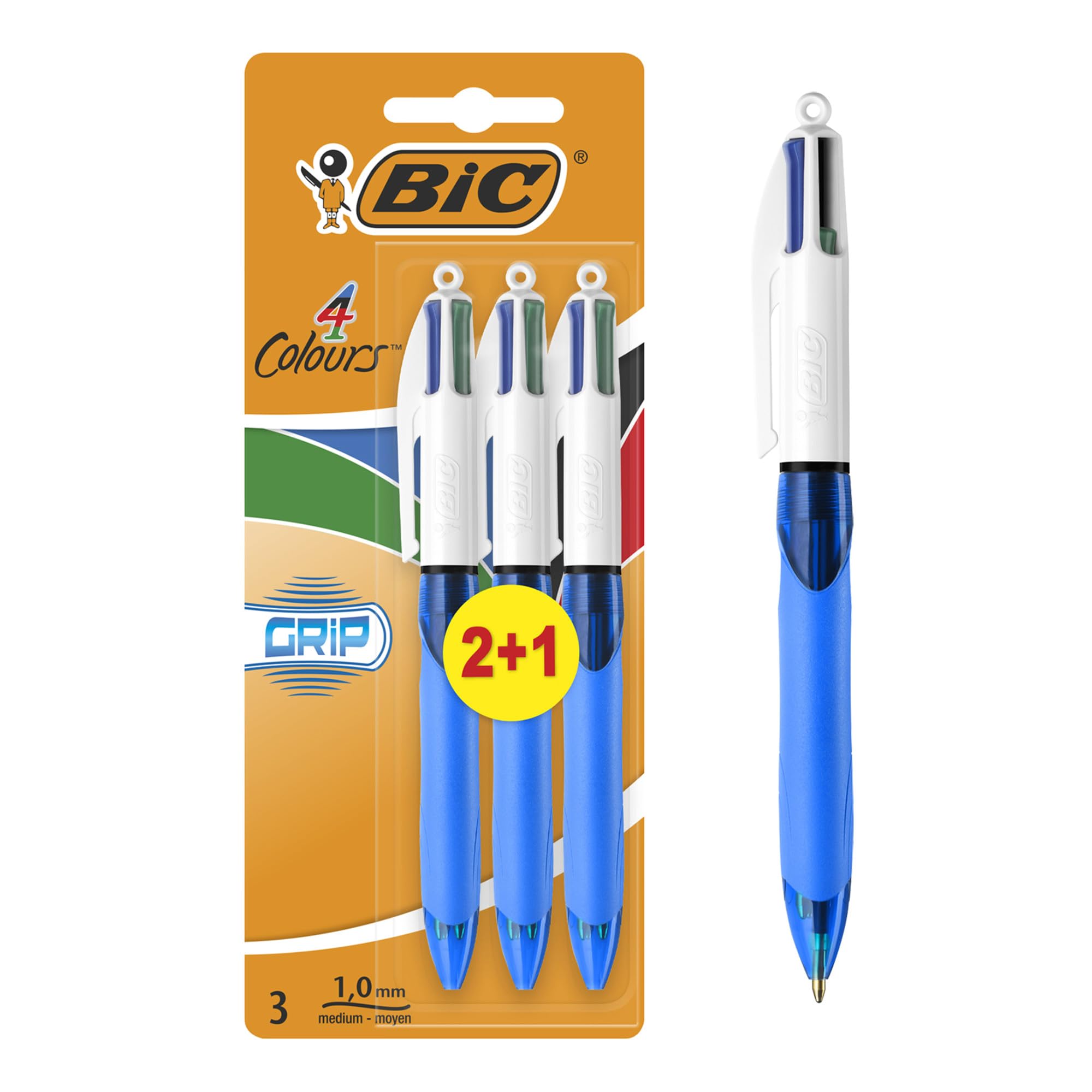 BIC 4 Colours Retractable Ballpoint Pens - Medium 1.0mm Point, Comfort Grip, Assorted Ink, Pack of 3 Blue Barrels