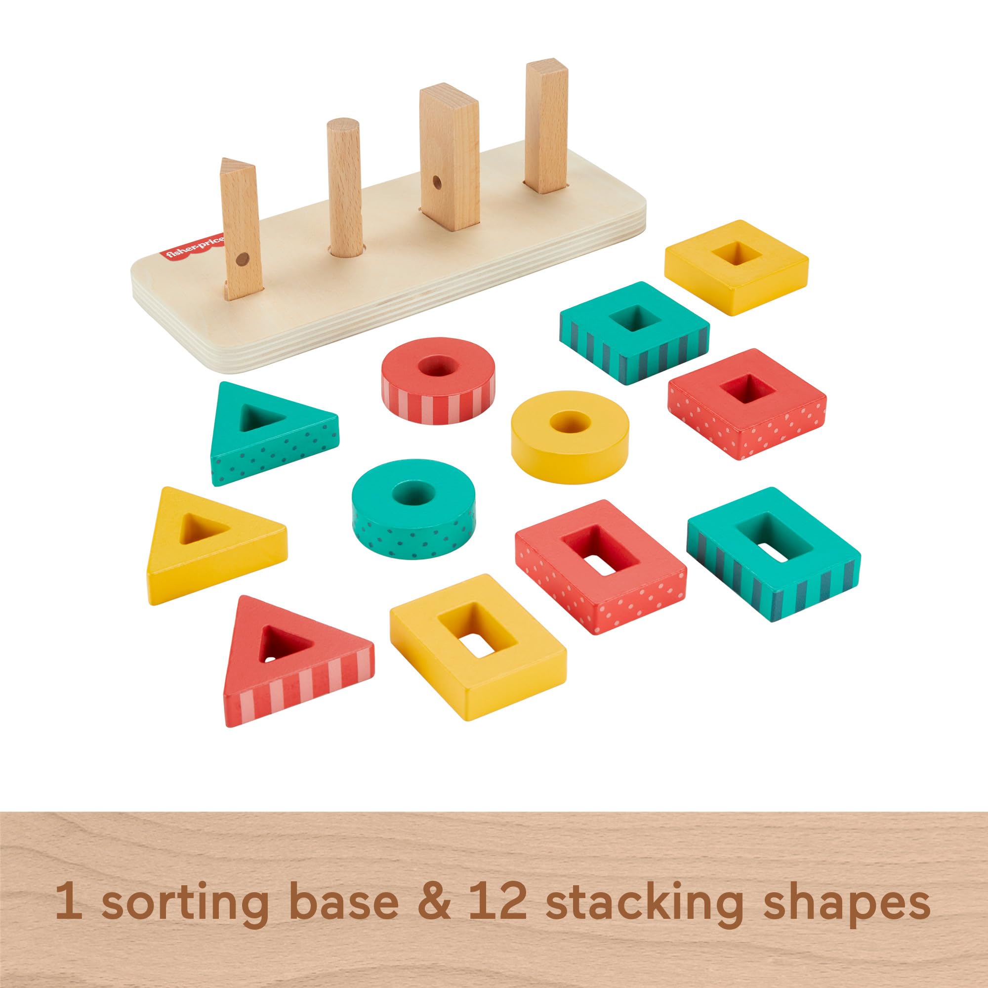 Fisher-Price Toddler Sorting Toy Wooden Shape Stacker, 13 Wood Pieces for F 4