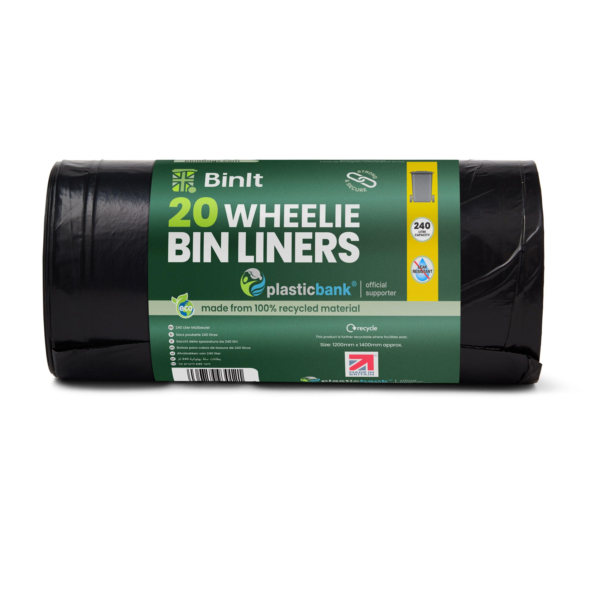 Bin It 240L Wheelie Bin Liners - 20 Pack, Recycled, Tear Resistant, 30μm, Made in Britain