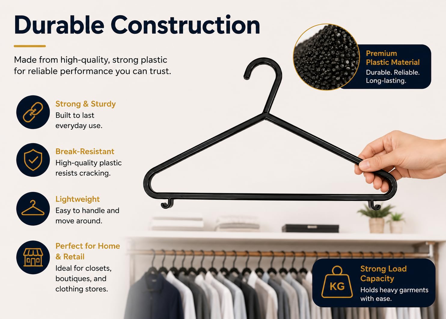 1ABOVE 50 Pack Black Plastic Clothes Hangers – Durable Non-Slip Space Saving for Adult Clothing