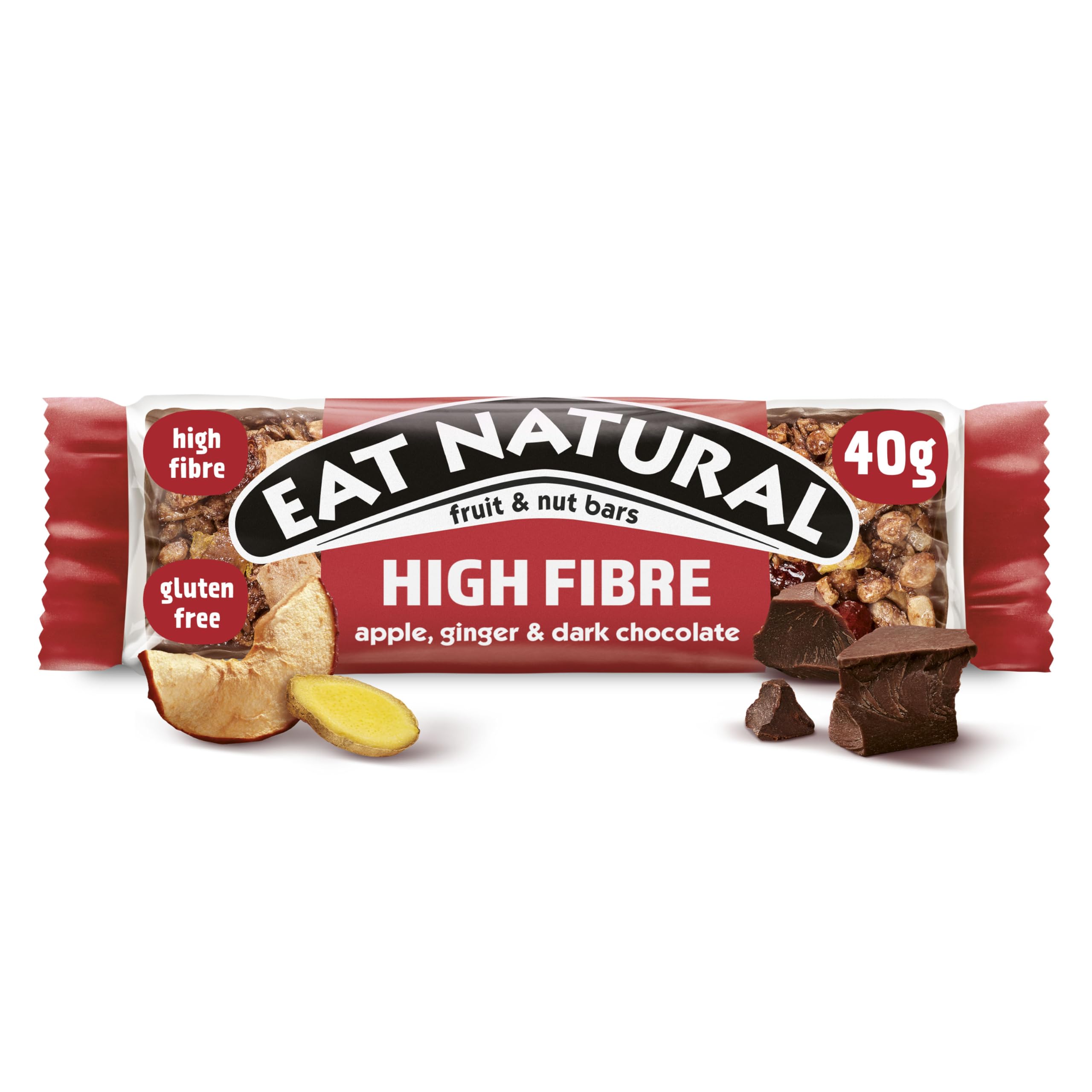 Eat Natural Fruit & Nut Bars - Dark Chocolate with Apple & Ginger | High Fibre | Gluten Free | 3 x 40g