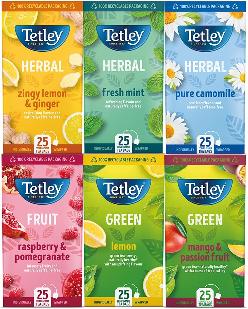 Tetley Mixed Fruit Tea Variety Pack - Assorted Flavours 3x2x25s, Pack of 6