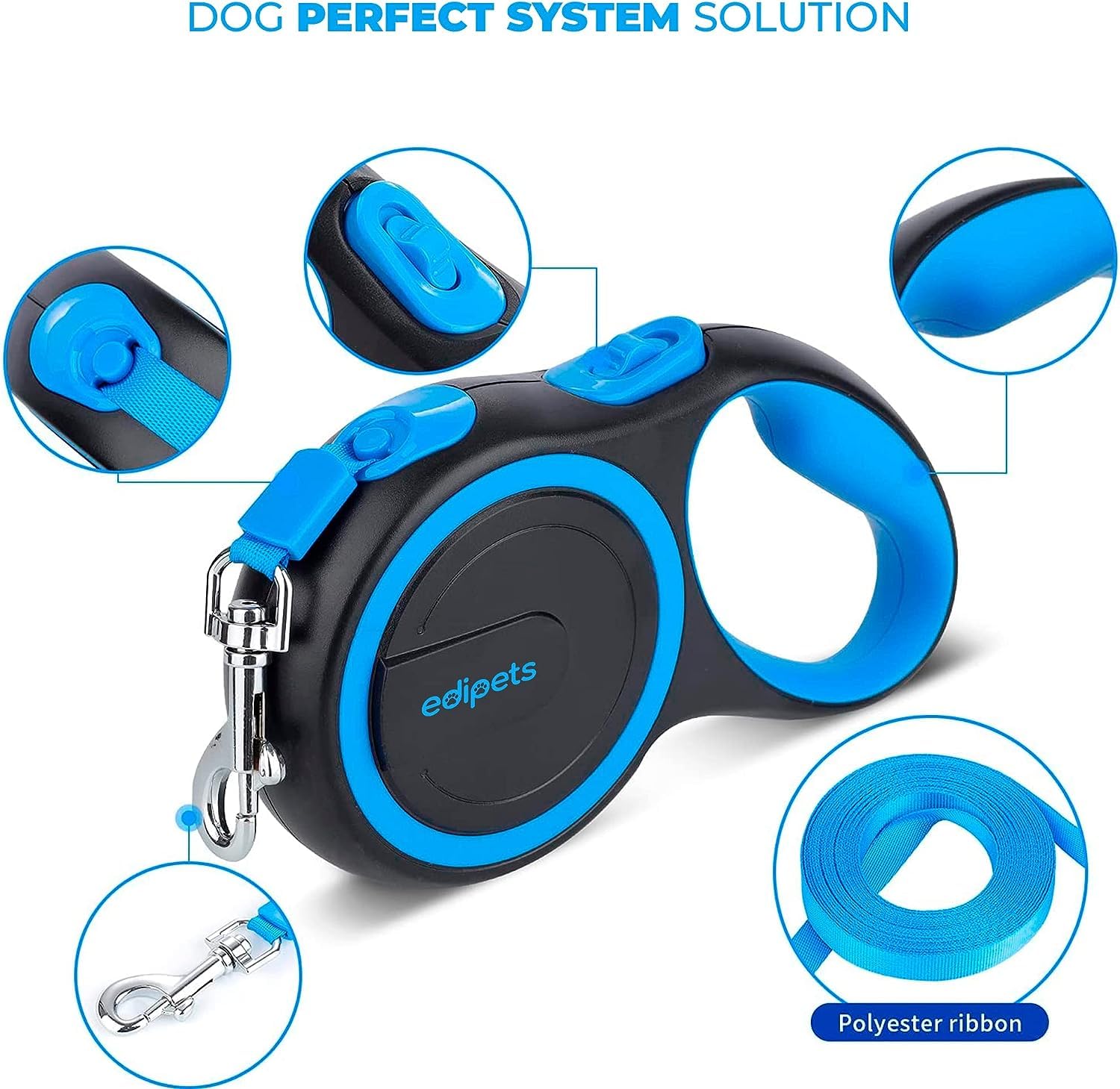 Edipets Extendable Dog Leash - Retractable Nylon Lead | 8 Metres | Blue