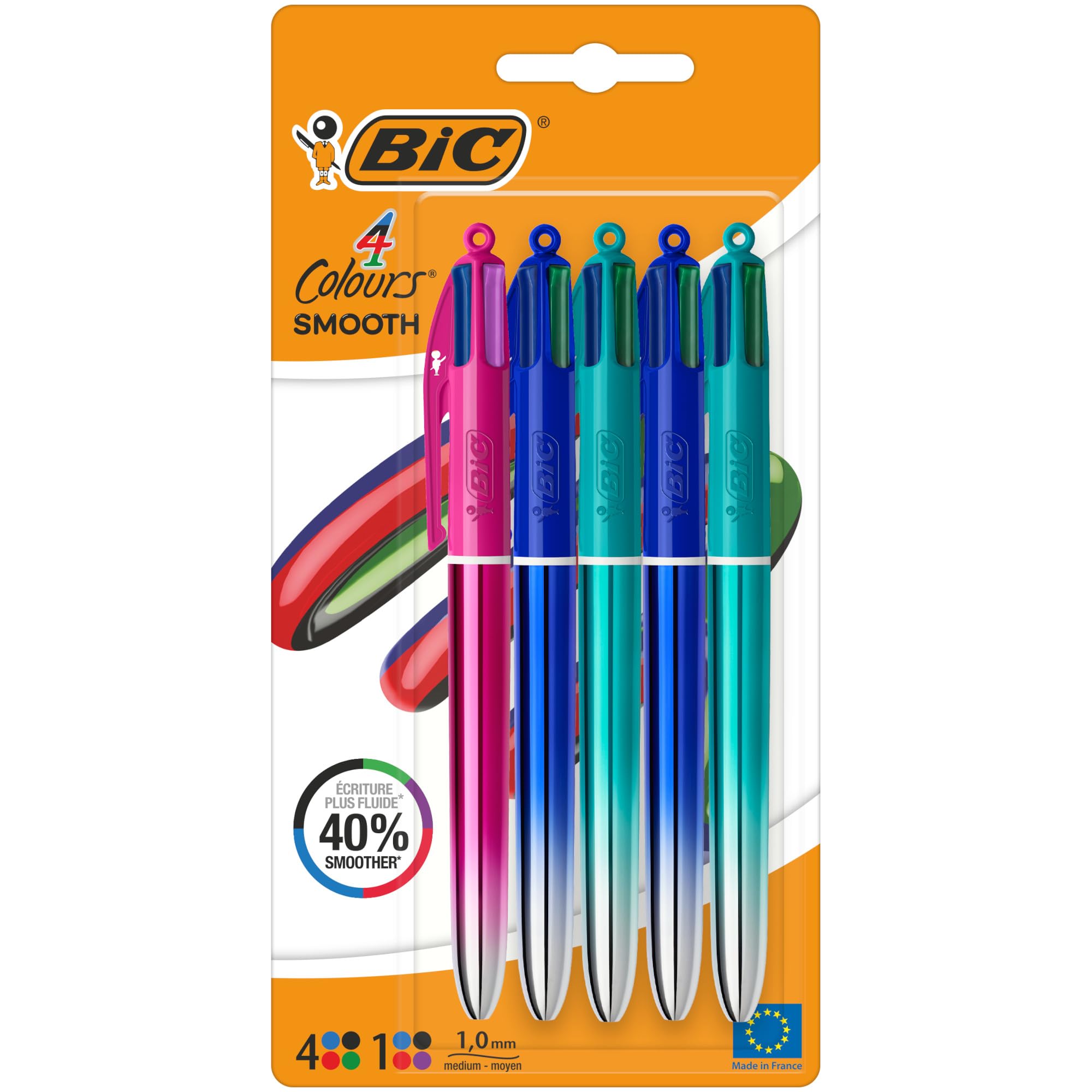 BIC 4 Colours Gradient Smooth Ink Retractable Ballpoint Pens - Pack of 5 | 1.0mm Medium Point | Multicolour 1