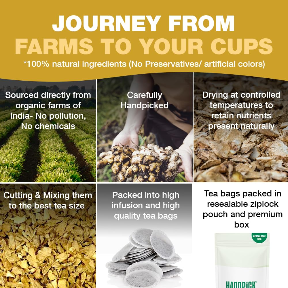 HANDPICK Ginger Tea Bags (100 Count) Non-GMO, Pure Ingredients - Soothing & Spicy Herbal Tea | Eco-conscious Round Tea Bags 9