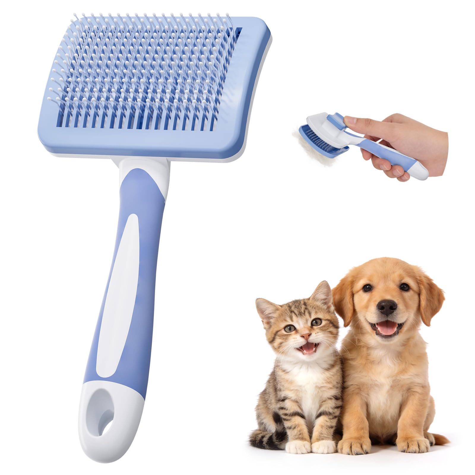 Diboniur Pet Brush - Self Cleaning | Stainless Steel Bristles for Long & Short Hair | Blue