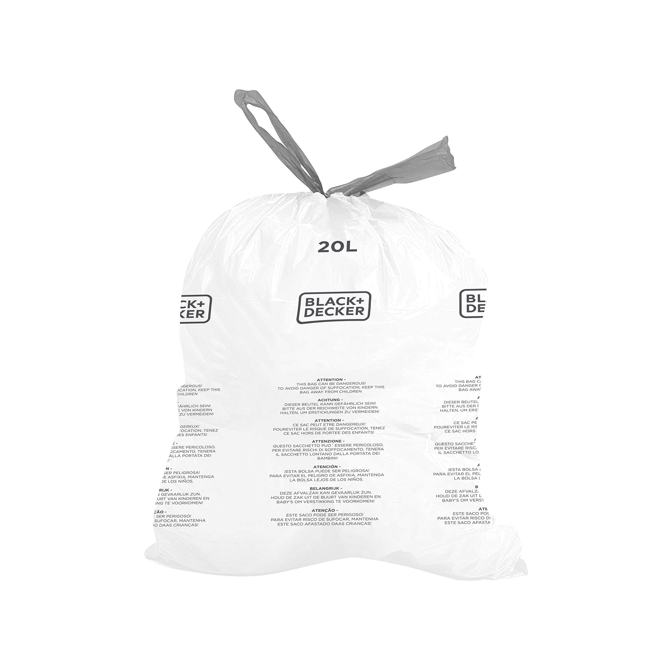 BLACK+DECKER 20L Drawstring Bin Liners - 20 Pack, White | Strong & Durable Plastic Bags 1