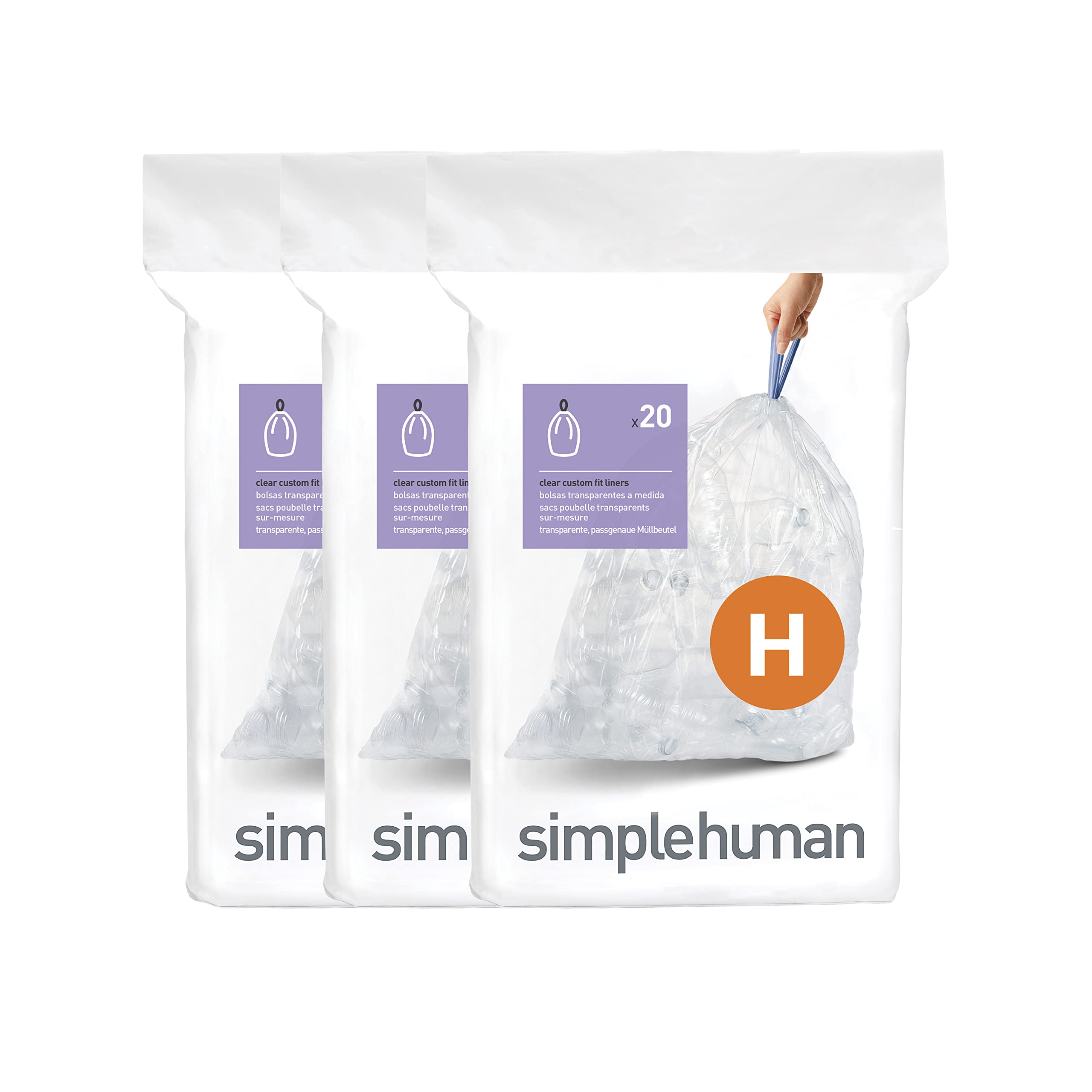 simplehuman CW0286 Code H Custom Fit Bin Liner - 35L Capacity, Unscented, Clear Plastic | 60 Count (3 x 20) 1